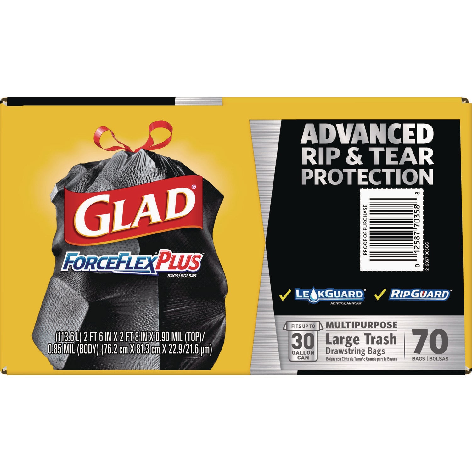 Glad® ForceFlexPlus Drawstring Large Trash Bags, 30 gal, 1.05 mil, 30" x 32", Black, 70/Box