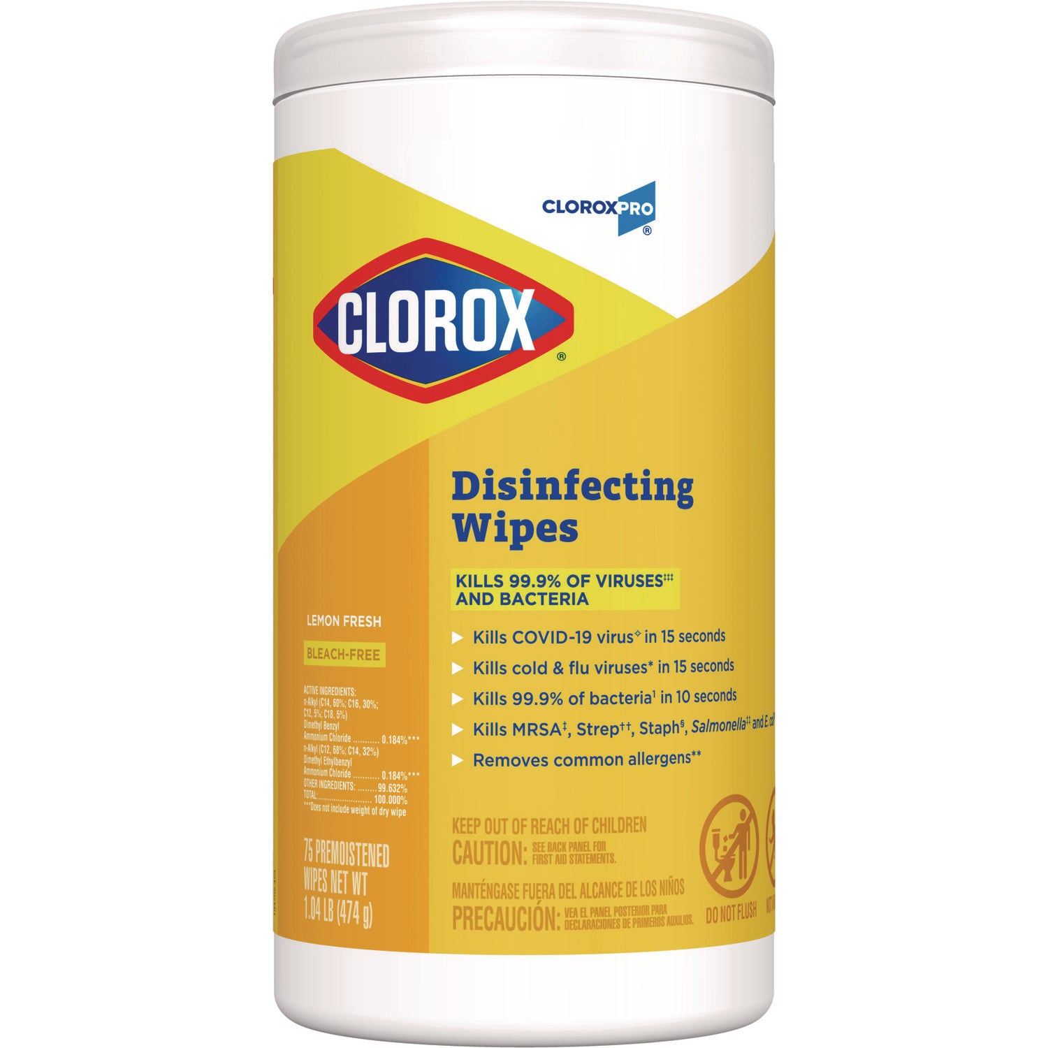 Clorox® Disinfecting Wipes, 1-Ply, 7 x 8, Lemon Fresh, White, 75/Canister, 6/Carton