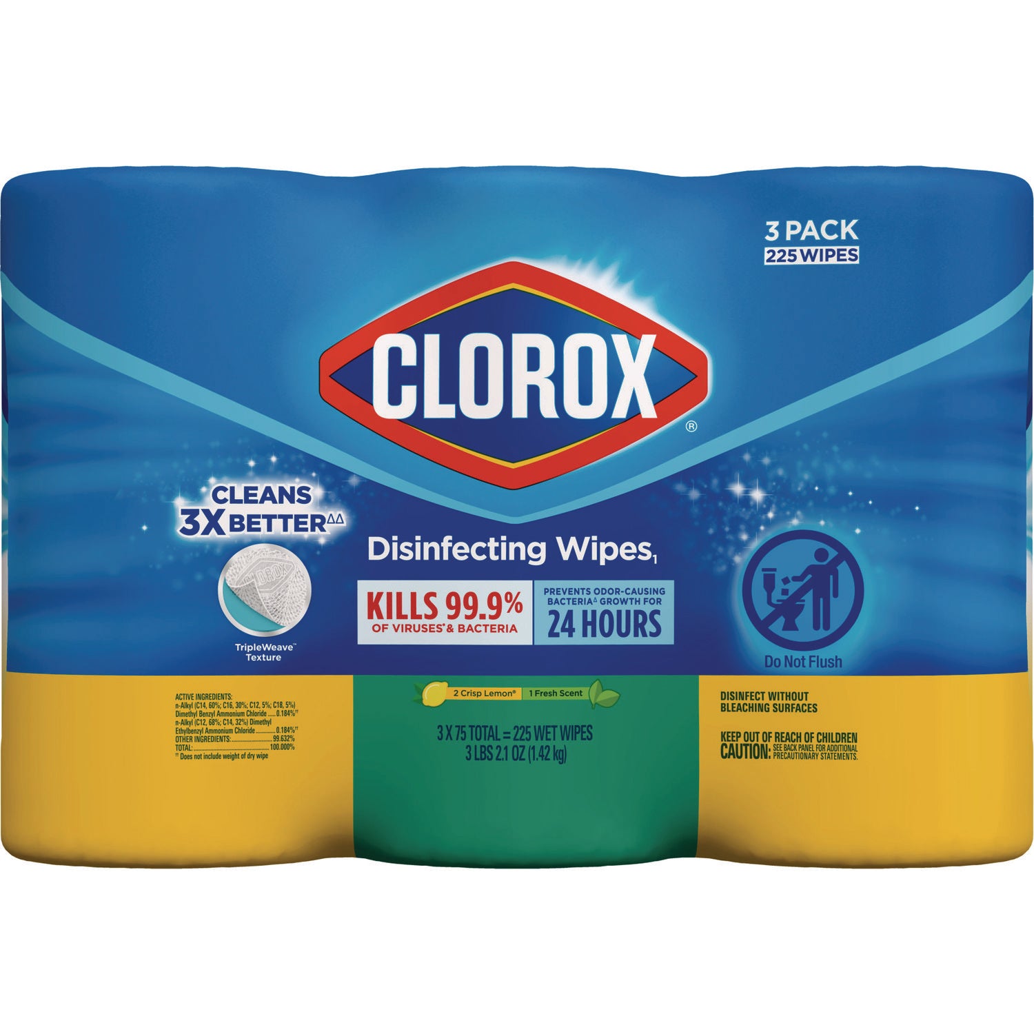 Clorox® Disinfecting Wipes, 1-Ply, 7 x 8, Fresh Scent/Citrus Blend, White, 75/Canister, 3 Canisters/Pack