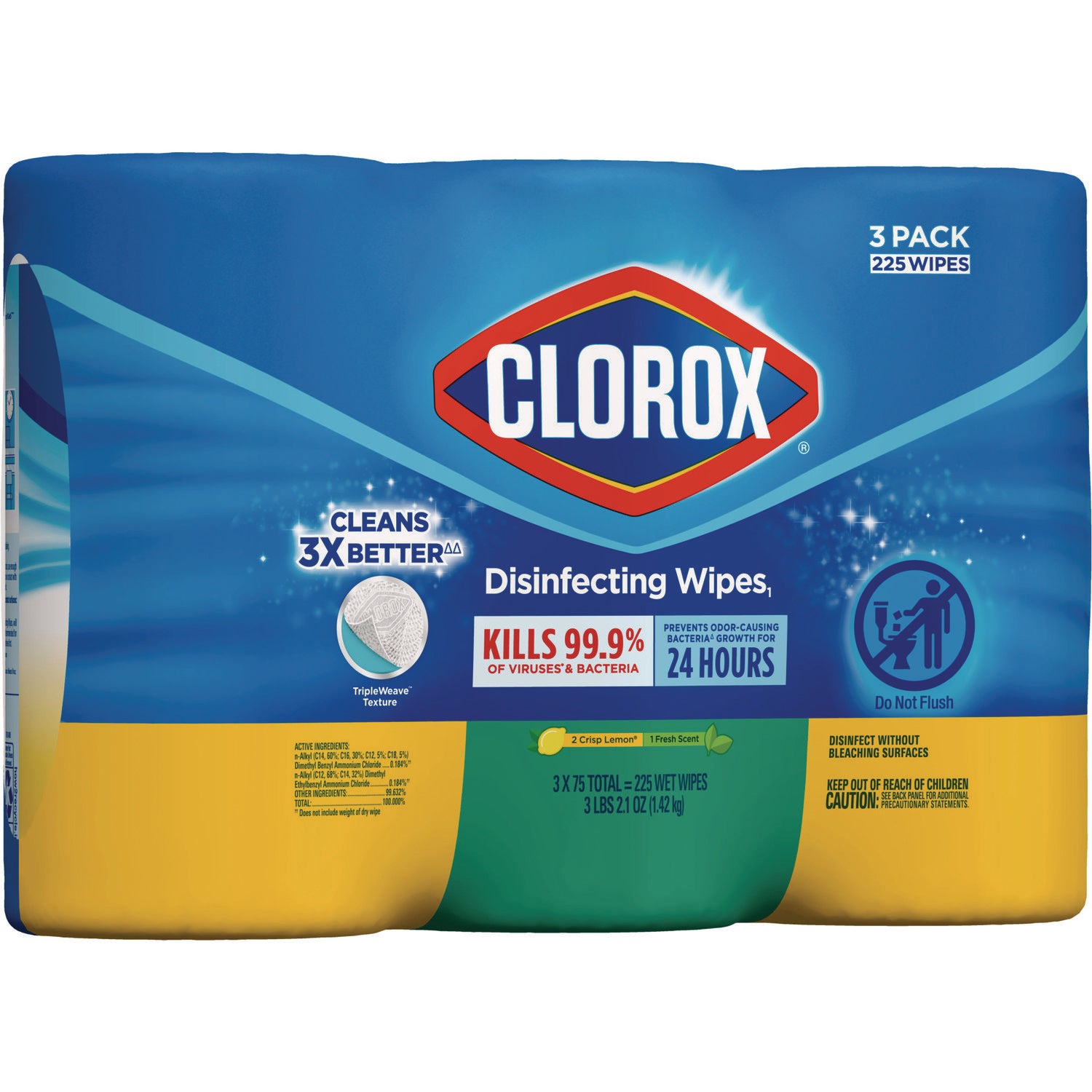 Clorox® Disinfecting Wipes, 1-Ply, 7 x 8, Fresh Scent/Citrus Blend, White, 75/Canister, 3 Canisters/Pack