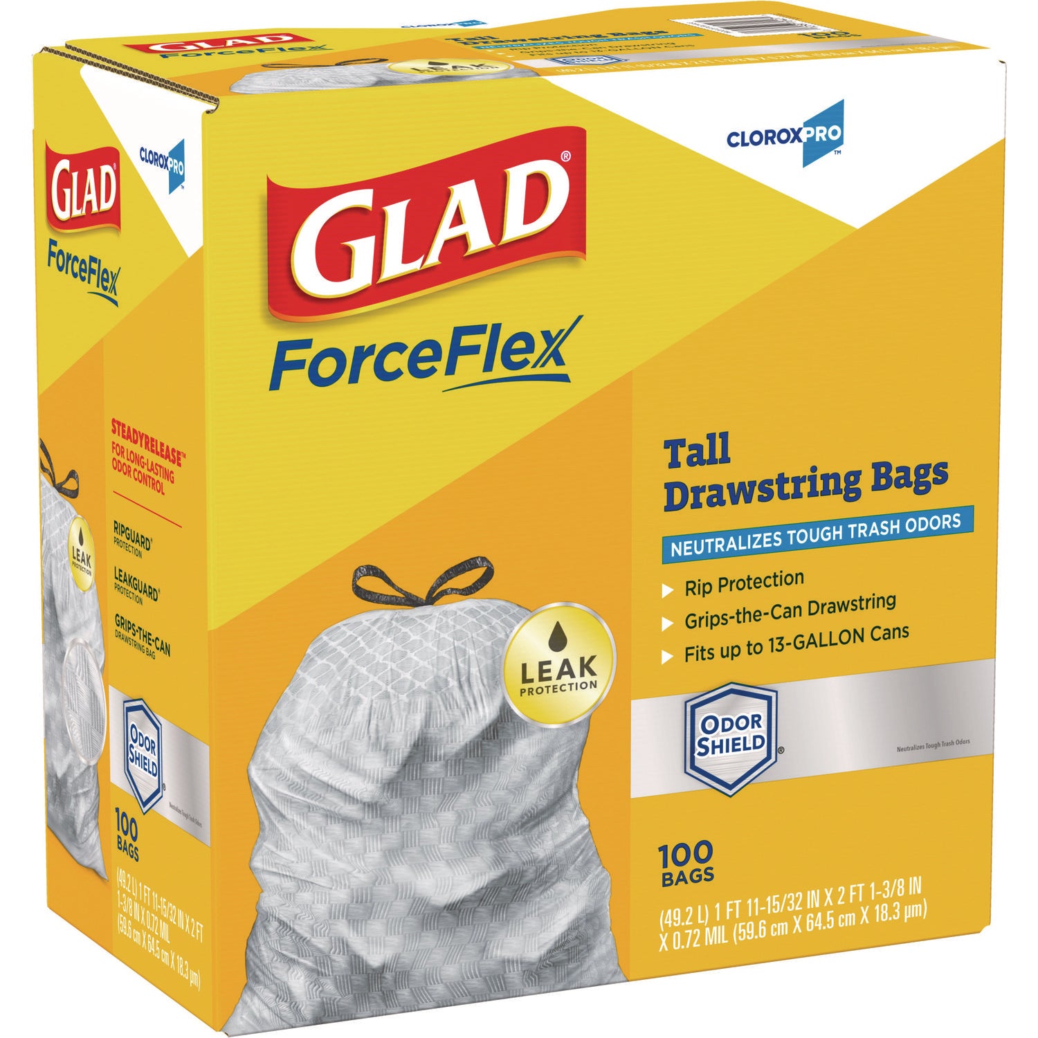 Glad® ForceFlexPlus Tall Kitchen Drawstring Trash Bags, 13 gal, 23.75" x 24.88", Gray, 100/Box