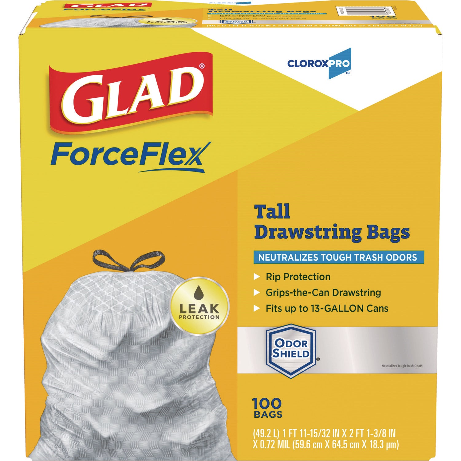 ForceFlexPlus Tall Kitchen Drawstring Trash Bags, 13 gal, 23.75" x 24.88", Gray, 100/Box