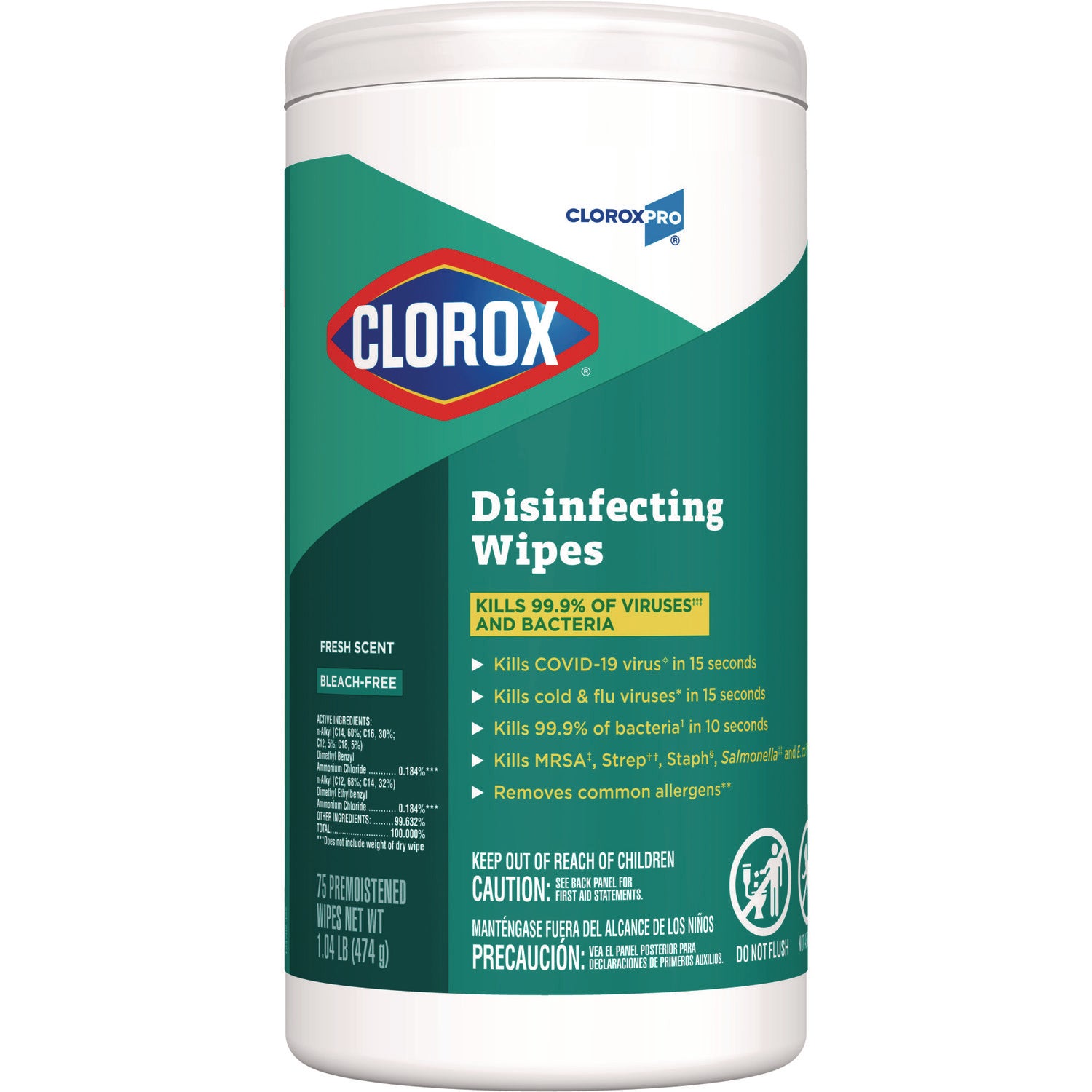 Clorox® Disinfecting Wipes, 1-Ply, Fresh Scent, 7 x 8, White, 75/Canister, 6 Canisters/Carton