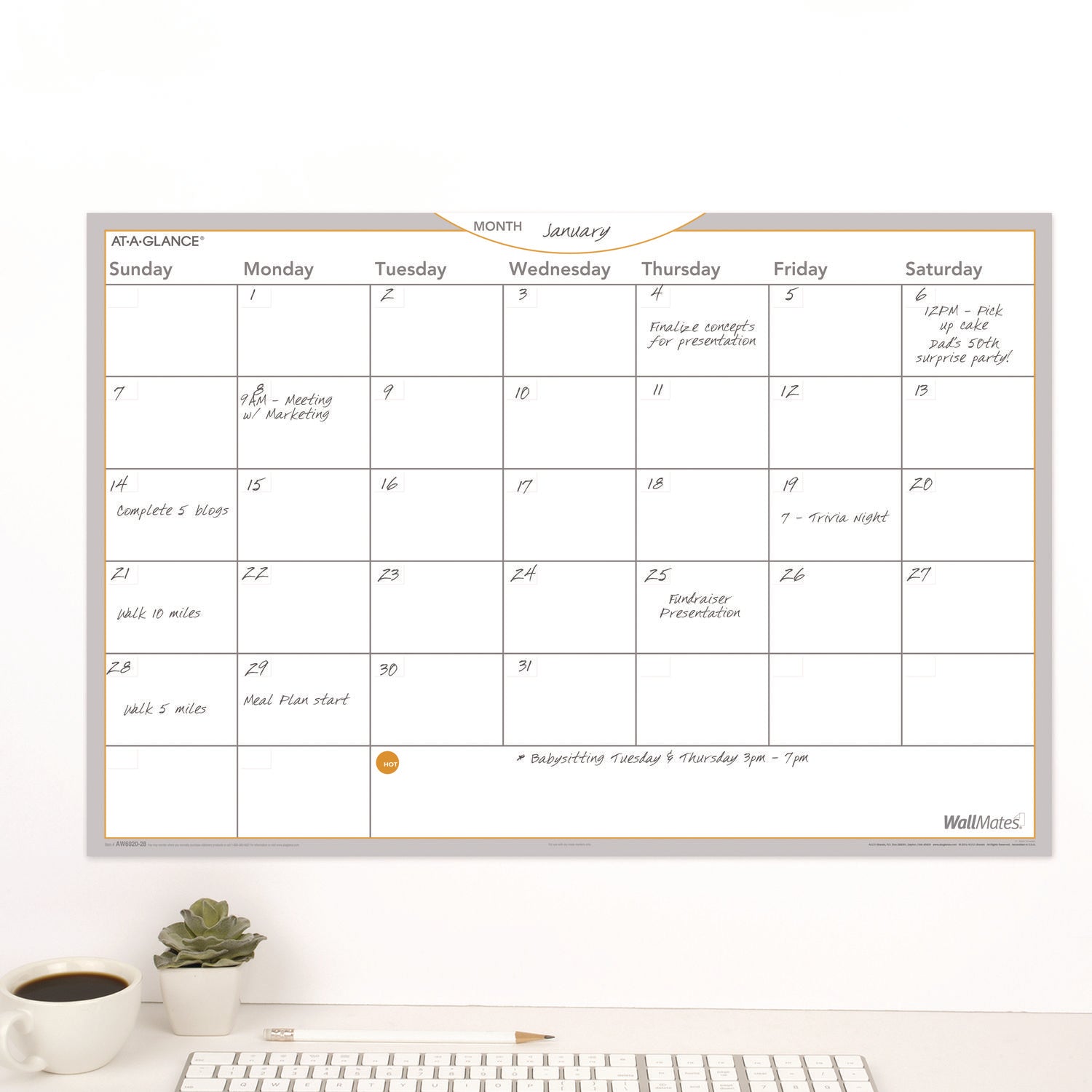 AT-A-GLANCE® WallMates Self-Adhesive Dry Erase Monthly Planning Surfaces, 18 x 12, White/Gray/Orange Sheets, Undated