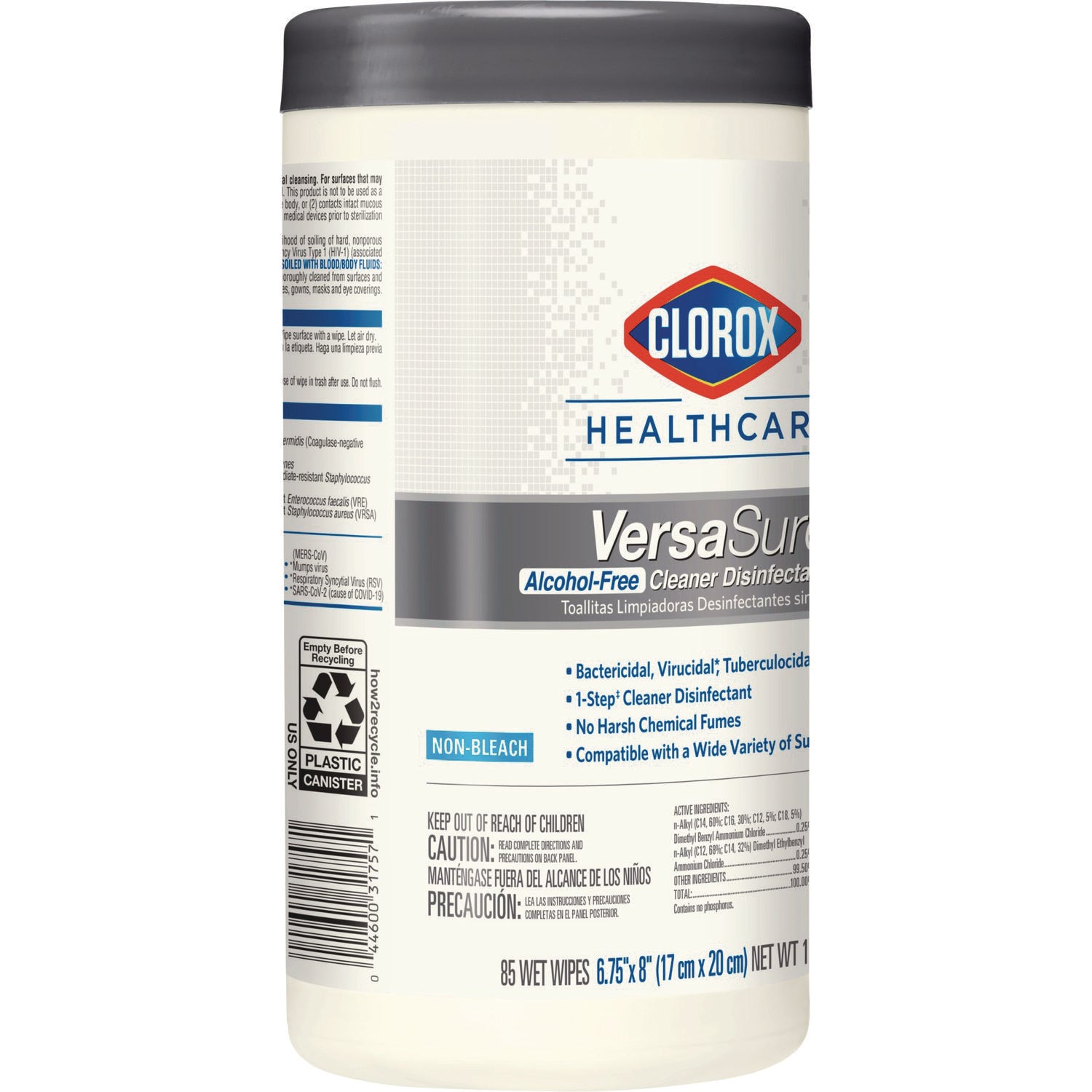 Clorox Healthcare® VersaSure Cleaner Disinfectant Wipes, 1-Ply, 8 x 6.75, Original Scent, White, 85 Towels/Can