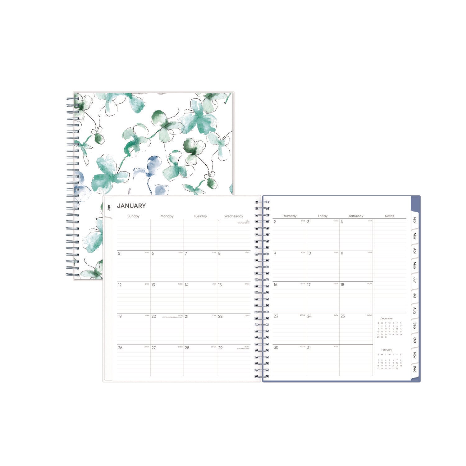 Lindley Monthly Planner, Floral Artwork, 10 x 8, White/Blue/Green Cover, 12-Month (Jan to Dec): 2025