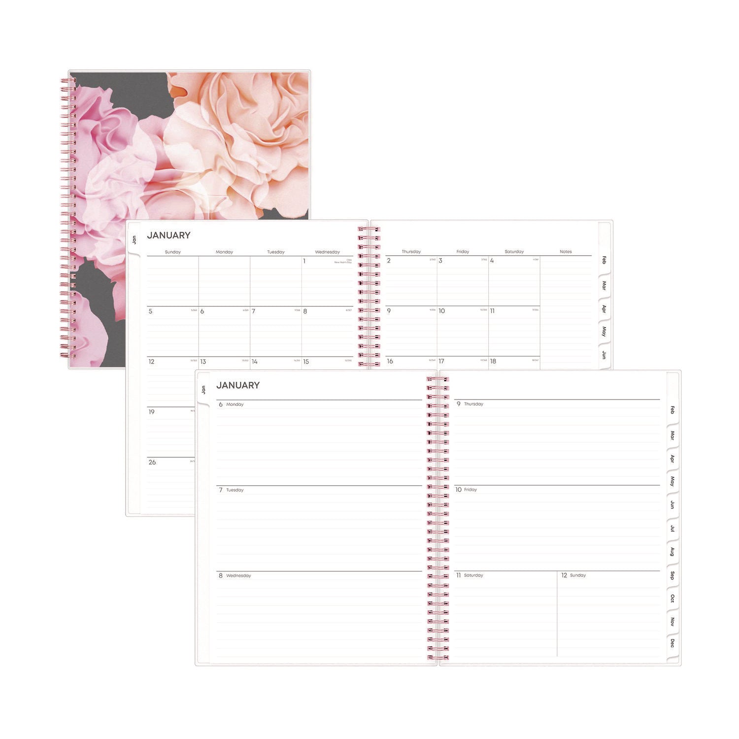 Joselyn Weekly/Monthly Planner, Floral Artwork, 11 x 8.5, Pink/Peach/Black Cover, 12-Month (Jan to Dec): 2025