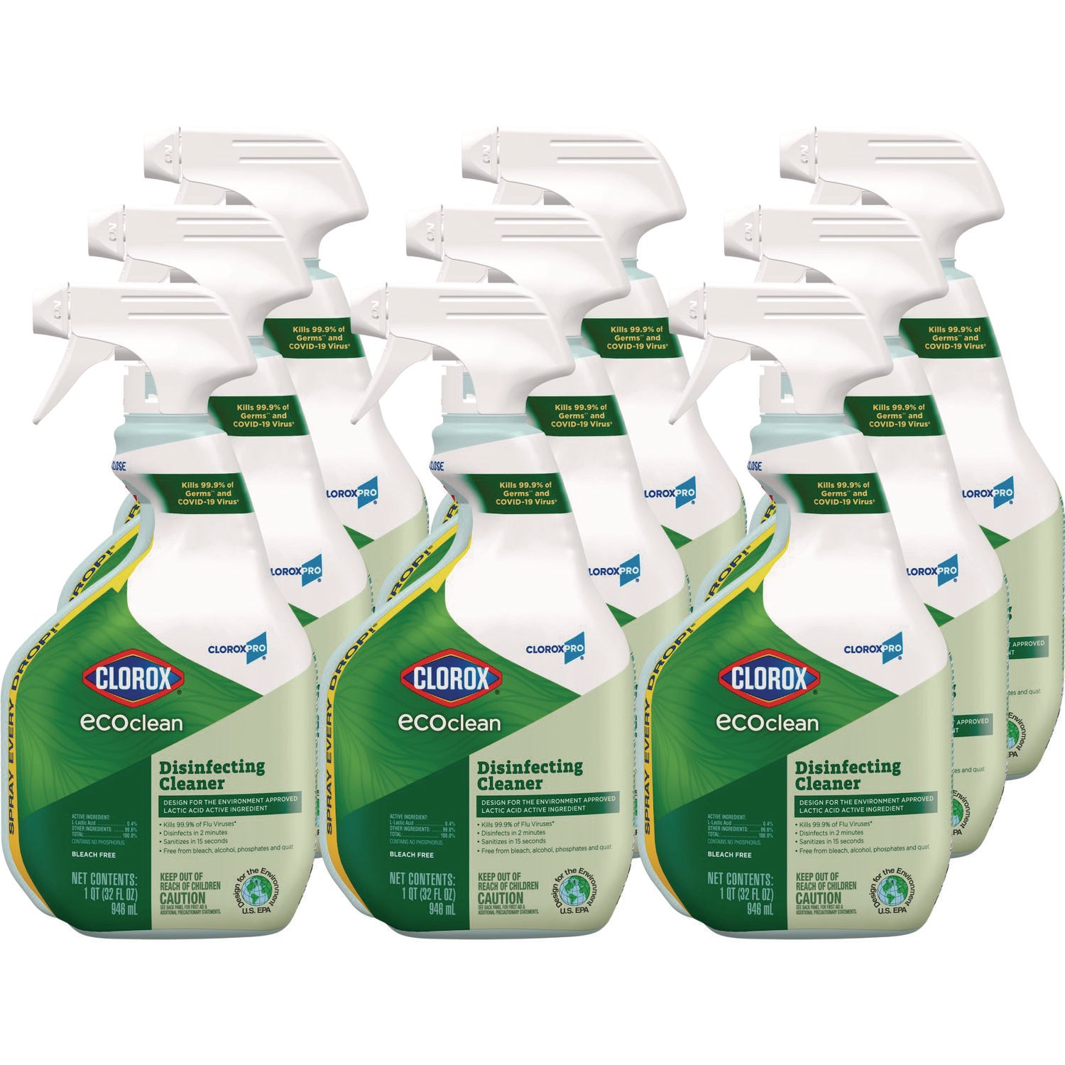 Clorox Pro EcoClean Disinfecting Cleaner, Unscented, 32 oz Spray Bottle, 9/Carton