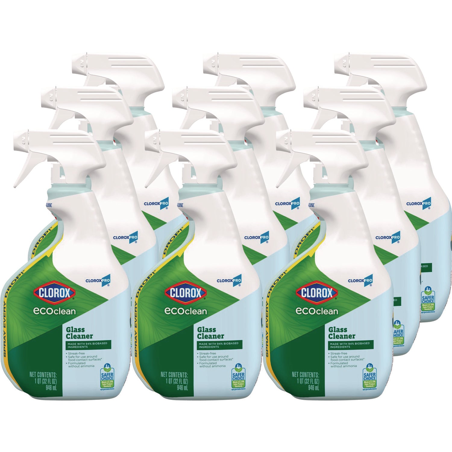 Clorox Pro EcoClean Glass Cleaner, Unscented, 32 oz Spray Bottle, 9/Carton