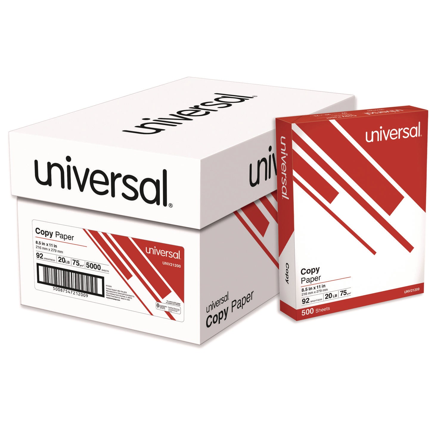 Universal® Copy Paper, 92 Bright, 20 lb Bond Weight, 8.5 x 11, White, 500 Sheets/Ream, 10 Reams/Carton, 40 Cartons/Pallet