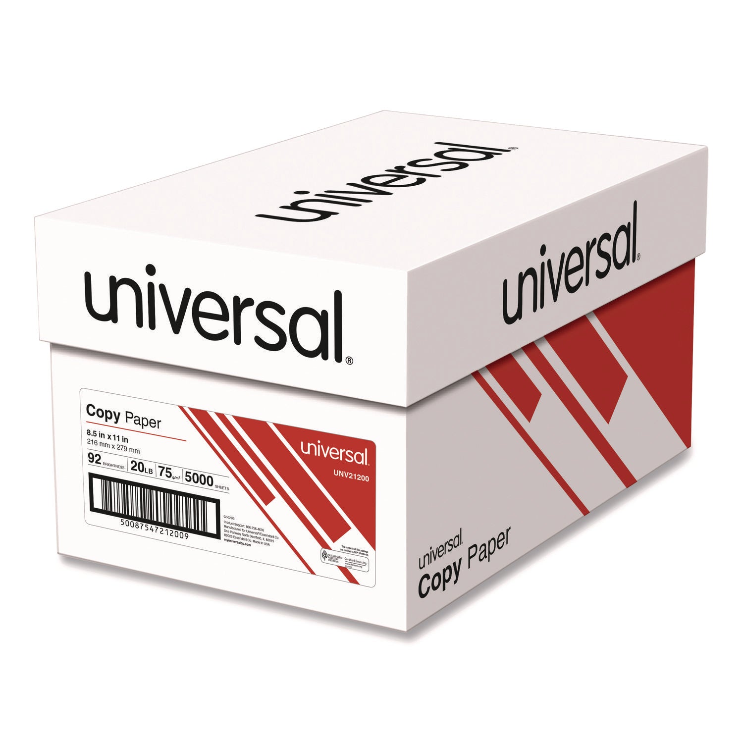 Universal® Copy Paper, 92 Bright, 20 lb Bond Weight, 8.5 x 11, White, 500 Sheets/Ream, 10 Reams/Carton, 40 Cartons/Pallet