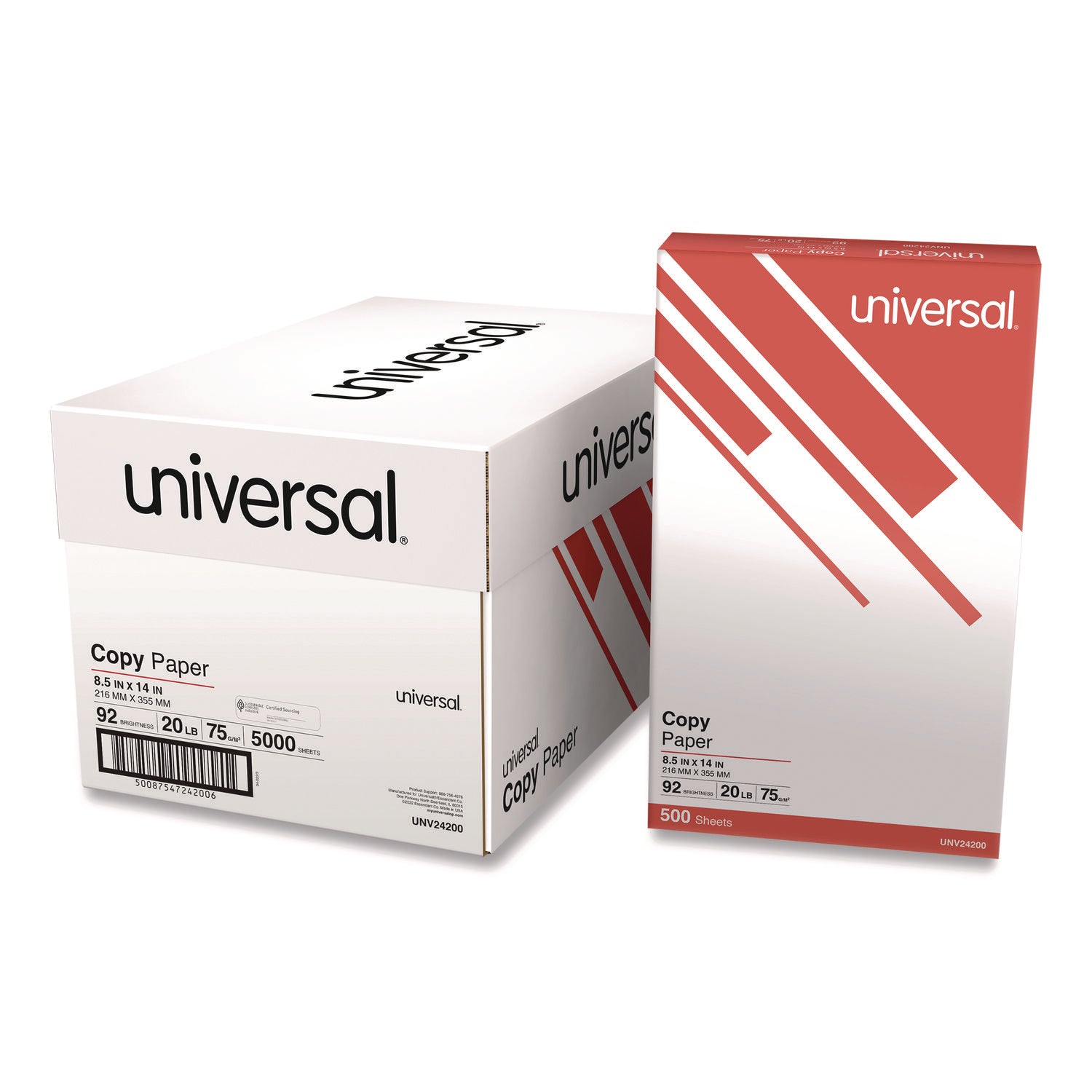 Universal® Legal Size Copy Paper, 92 Bright, 20 lb Bond Weight, 8.5 x 14, White, 500 Sheets/Ream, 10 Reams/Carton, 30 Cartons/Pallet