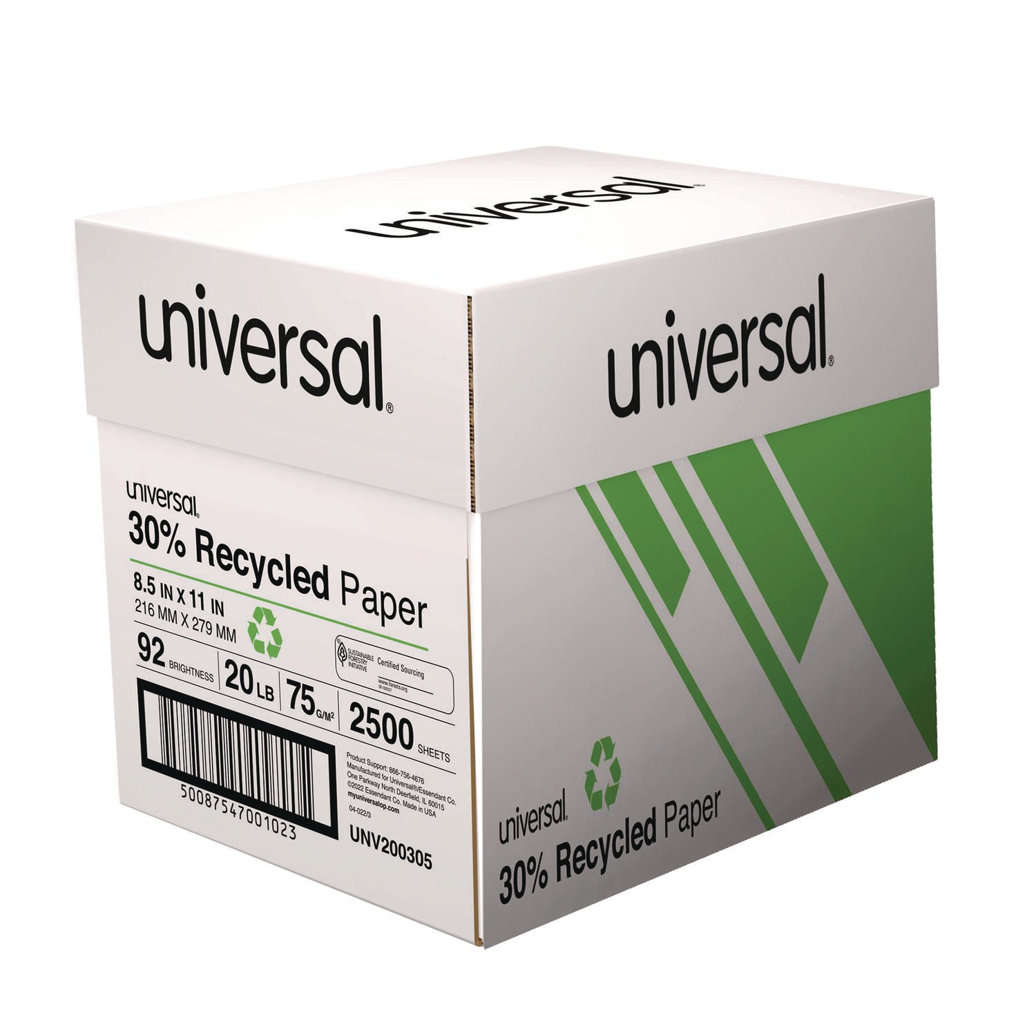 Universal® 30% Recycled Copy Paper, 92 Bright, 20 lb Bond Weight, 8.5 x 11, White, 500 Sheets/Ream, 5 Reams/Carton