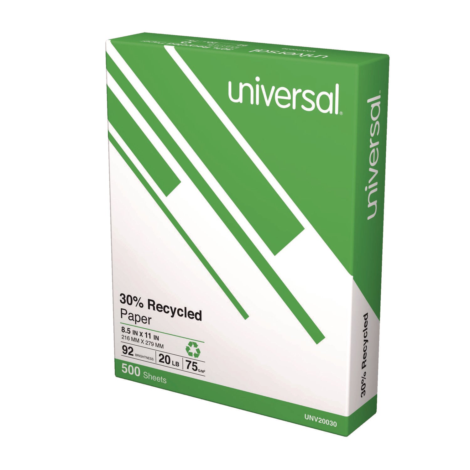 Universal® 30% Recycled Copy Paper, 92 Bright, 20 lb Bond Weight, 8.5 x 11, White, 500 Sheets/Ream, 10 Reams/Carton