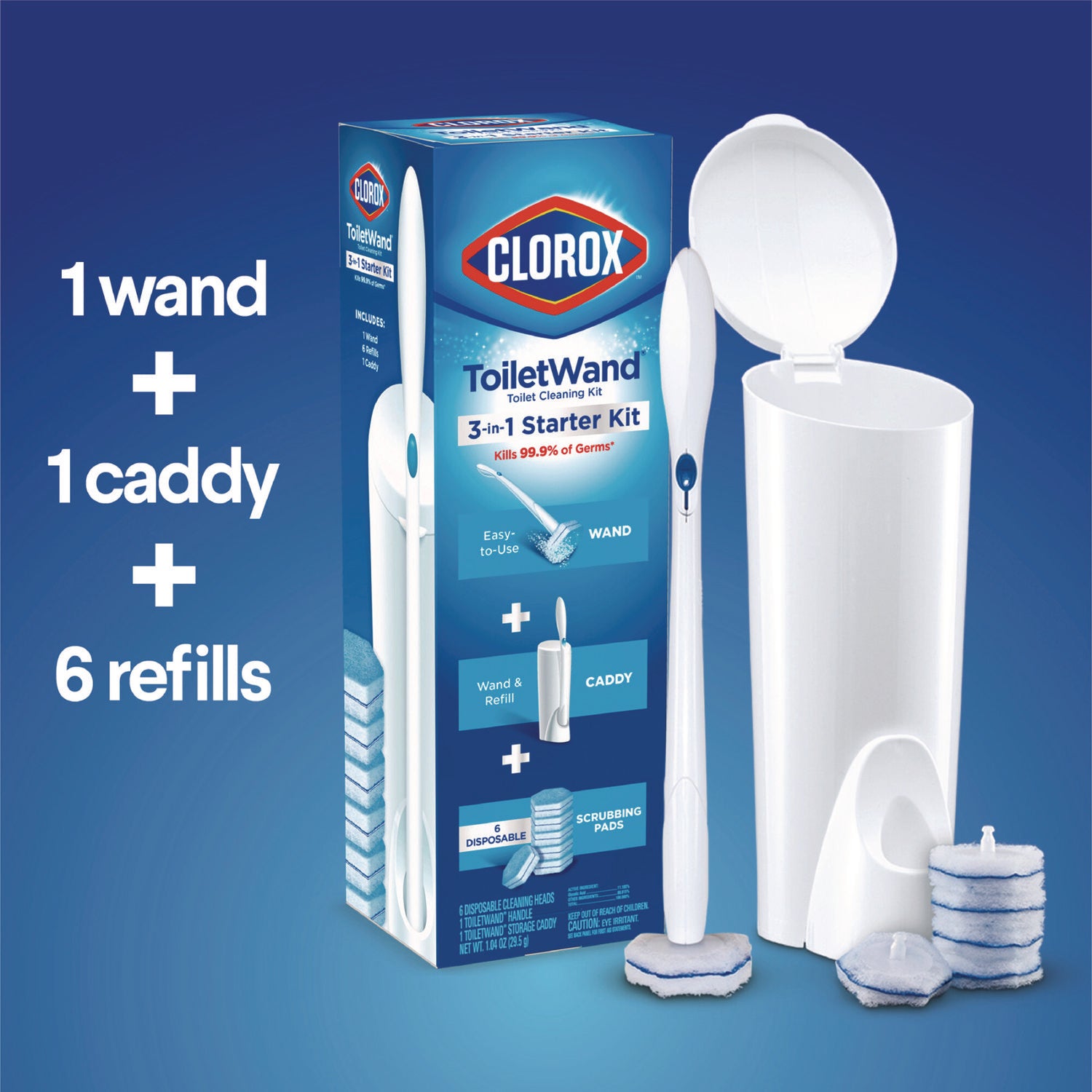 Clorox® ToiletWand Disposable Toilet Cleaning System: Handle, Caddy and Refills, White, 6/Carton