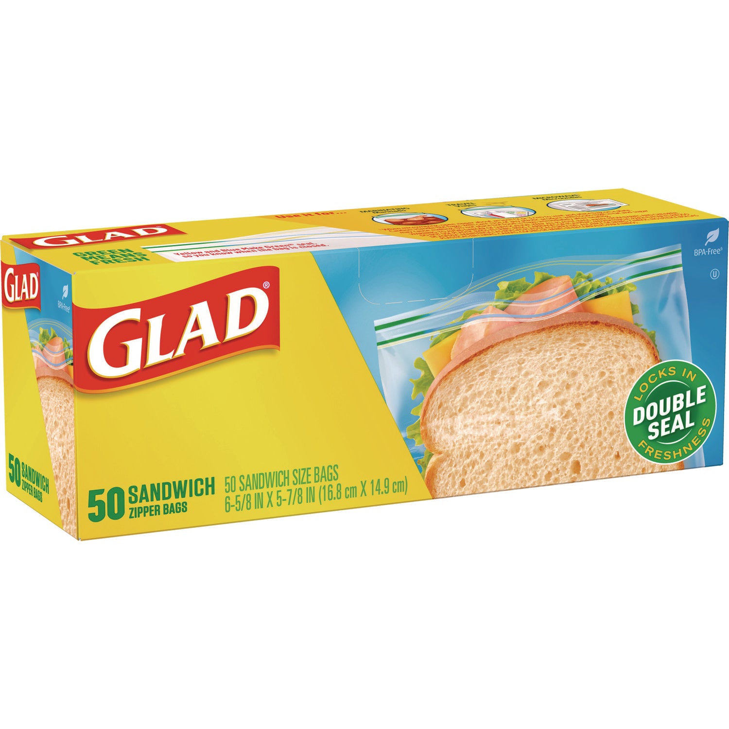 Glad® Sandwich Zipper Bags, Sandwich, 6.63" x 9.88" x 8", Clear, 600/Carton