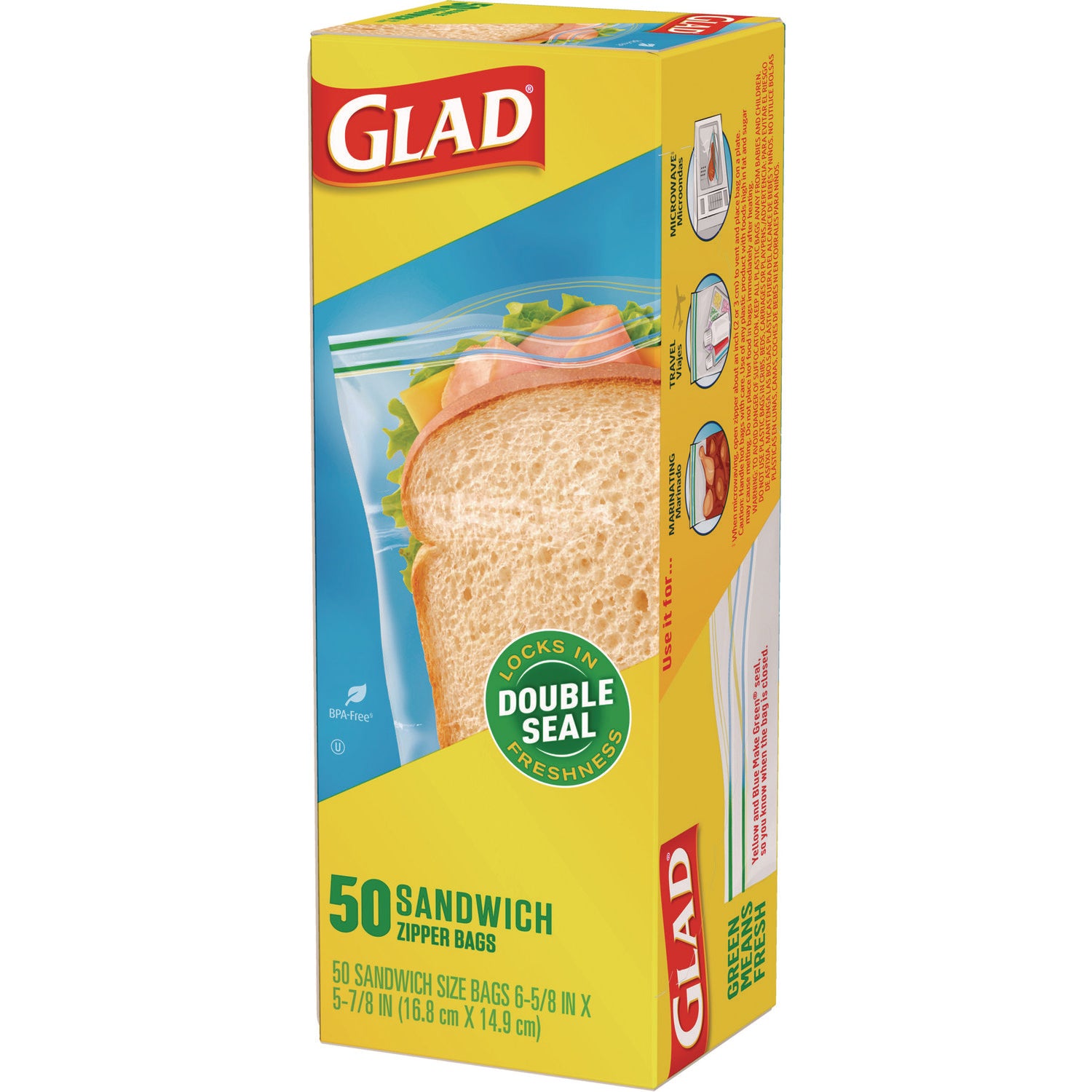 Glad® Sandwich Zipper Bags, Sandwich, 6.63" x 9.88" x 8", Clear, 600/Carton