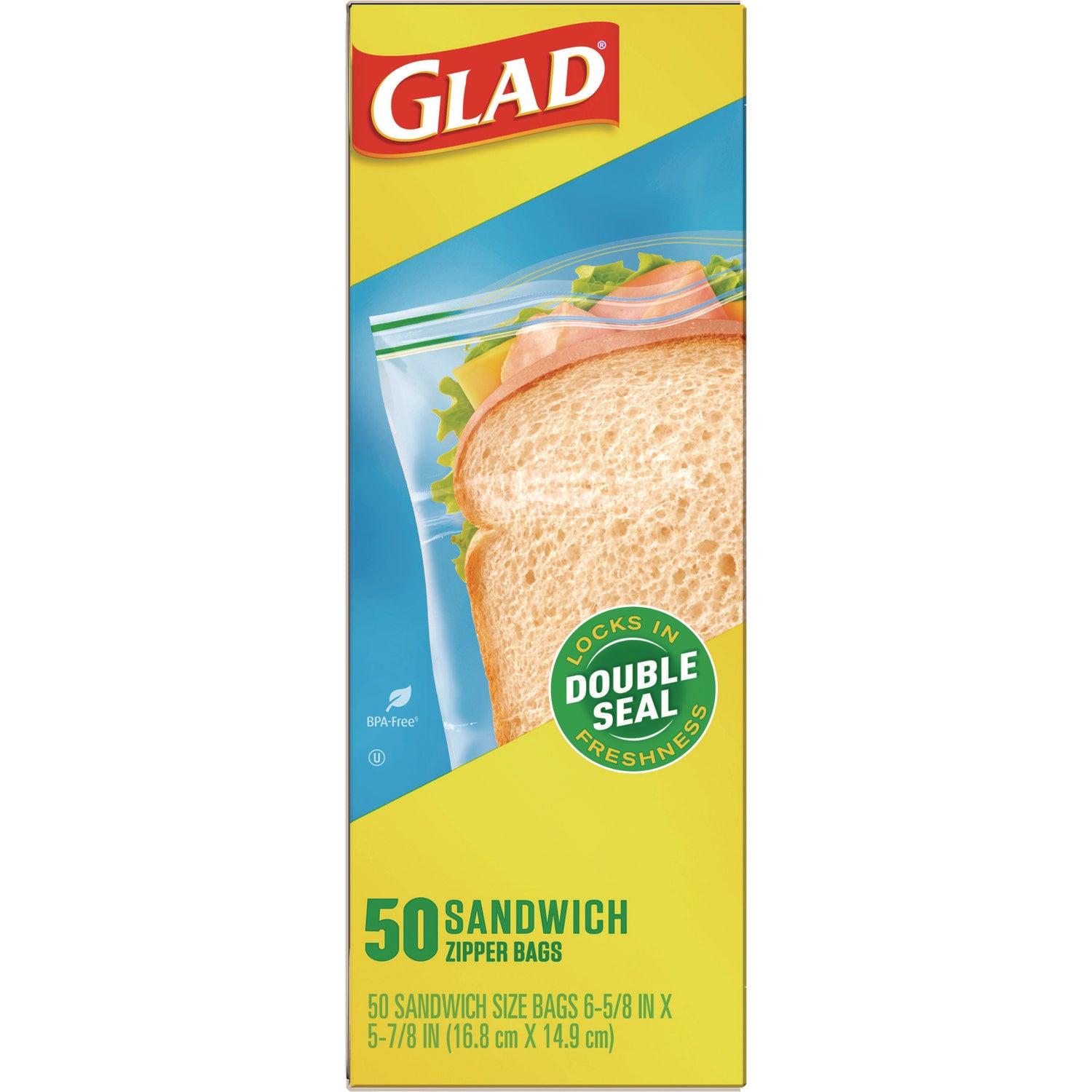 Glad® Sandwich Zipper Bags, Sandwich, 6.63" x 9.88" x 8", Clear, 600/Carton