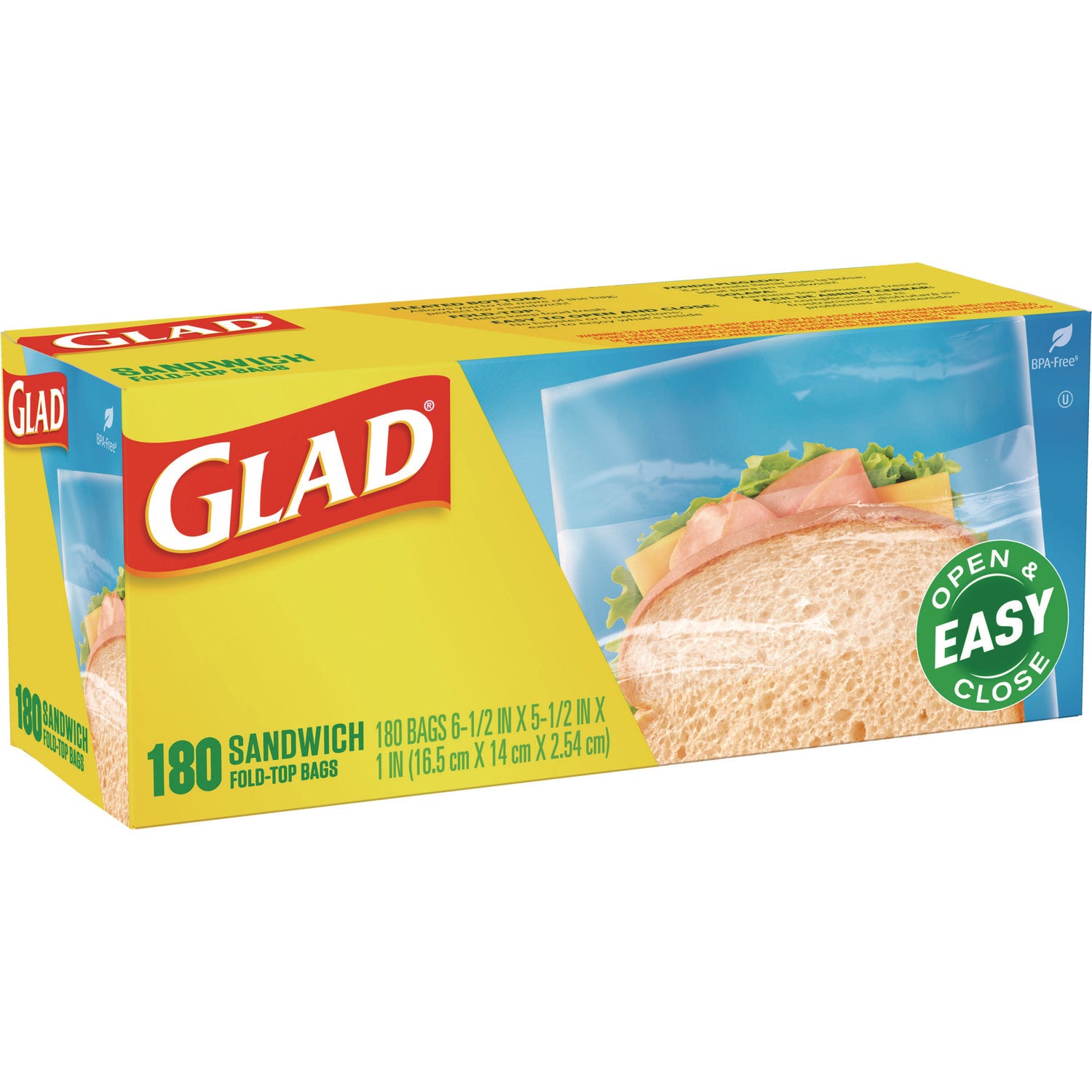 Glad® Fold-Top Sandwich Bags, 6.5" x 5.5", Clear, 2,160/Carton