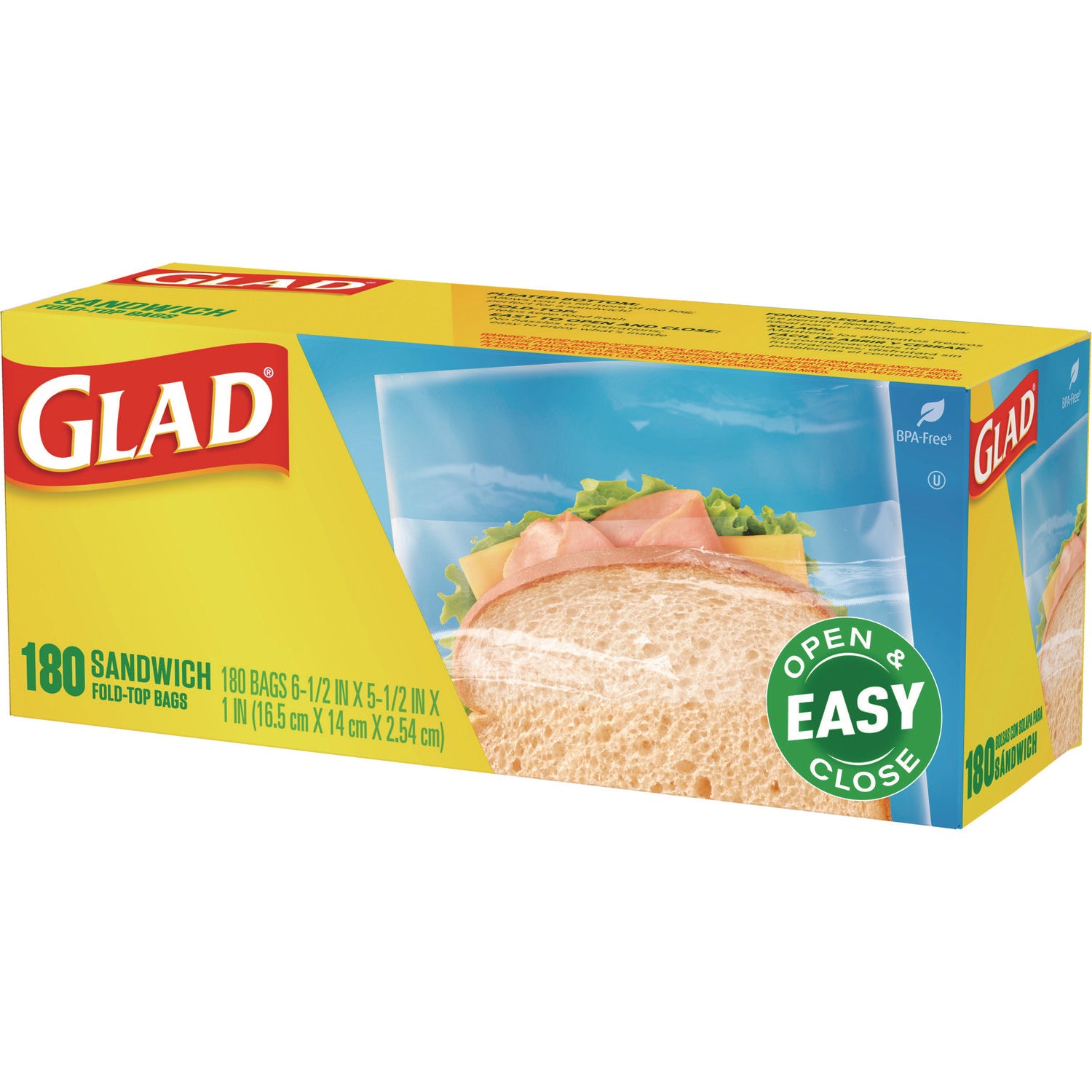 Glad® Fold-Top Sandwich Bags, 6.5" x 5.5", Clear, 2,160/Carton