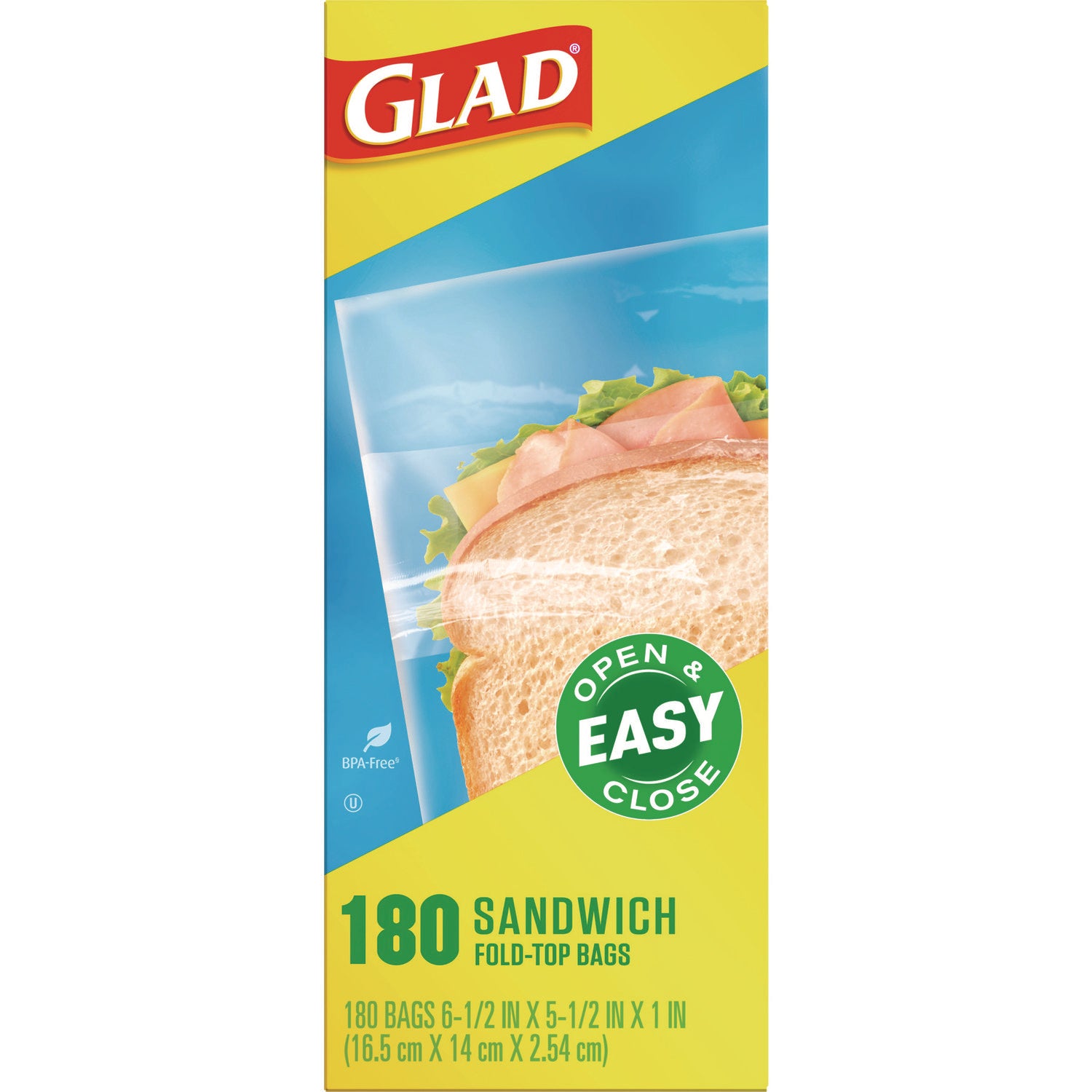 Glad® Fold-Top Sandwich Bags, 6.5" x 5.5", Clear, 2,160/Carton