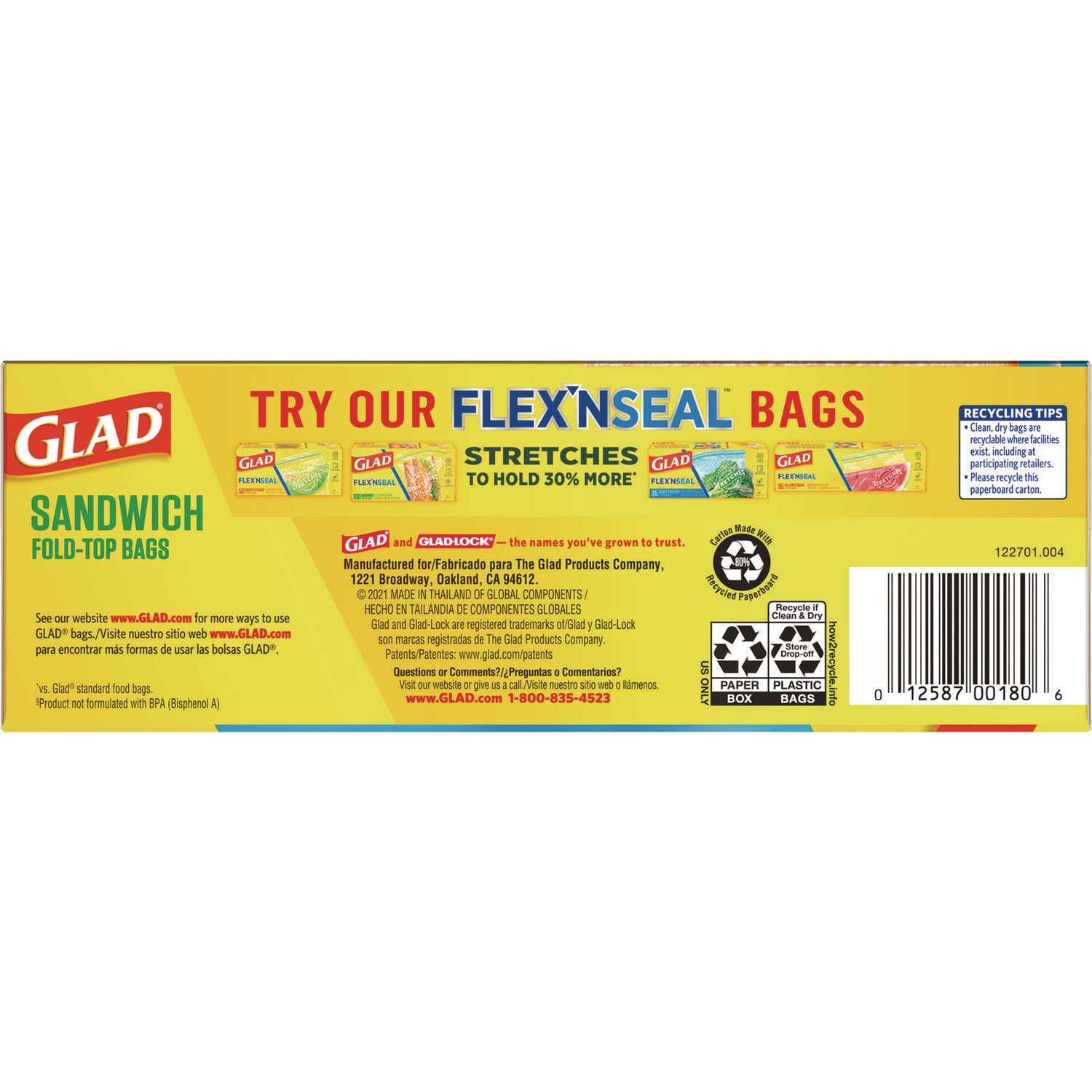 Glad® Fold-Top Sandwich Bags, 6.5" x 5.5", Clear, 2,160/Carton