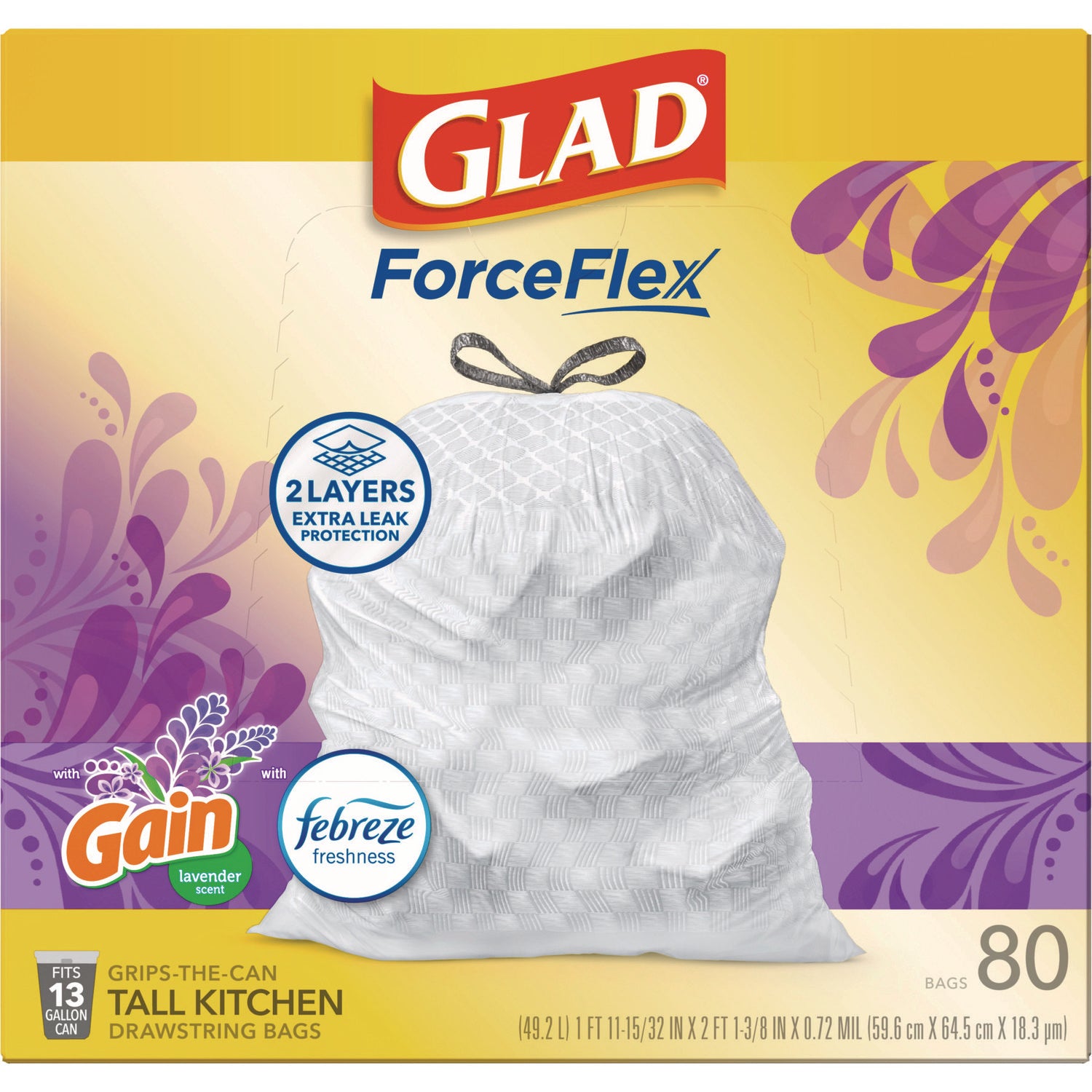 Glad® OdorShield Tall Kitchen Drawstring Bags, 13 gal, Lavender Breeze Scent, 24" x 27.38", White, 80/Box