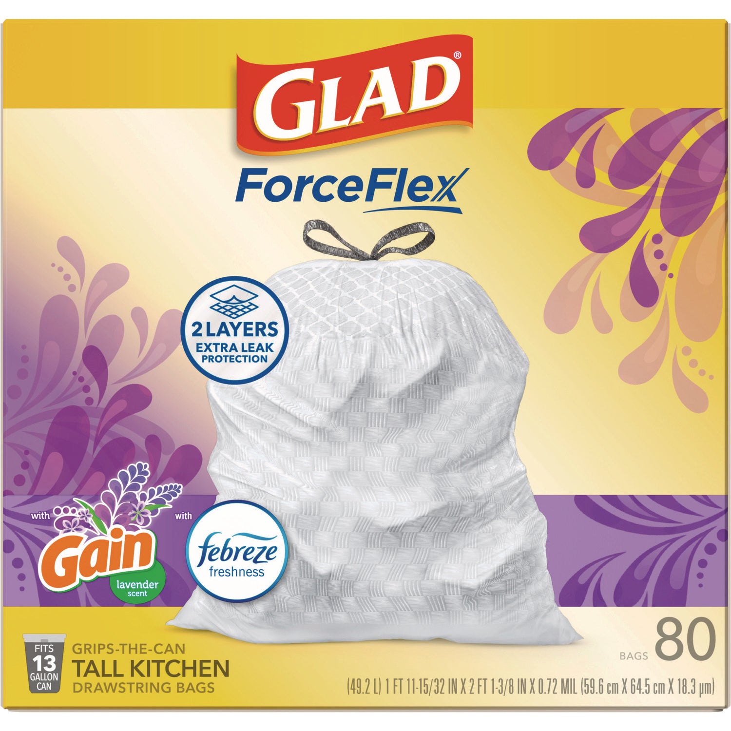 Glad® OdorShield Tall Kitchen Drawstring Bags, 13 gal, Lavender Breeze Scent, 24" x 27.38", White, 80/Box