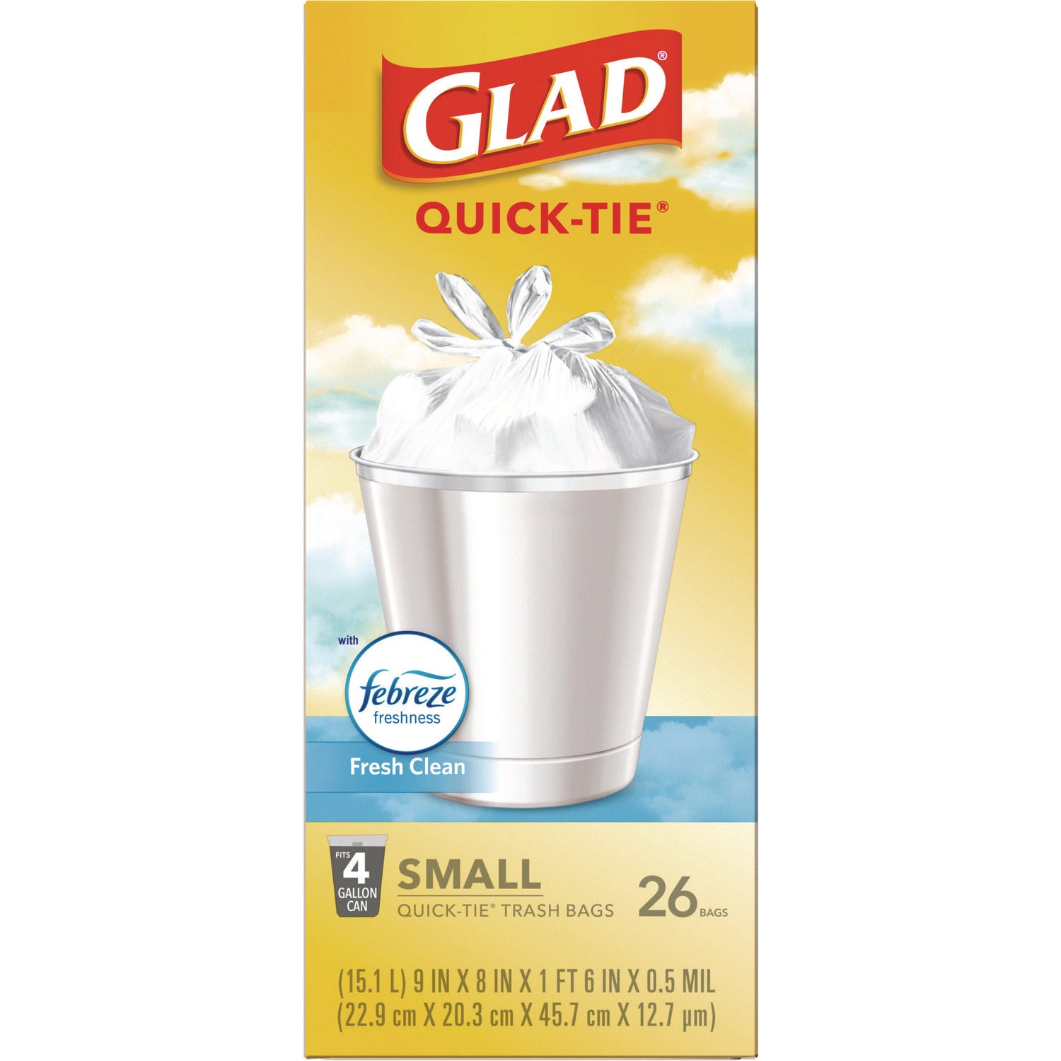 Glad® OdorShield Quick-Tie Small Trash Bags, Tie-Flap, 4 gal, Fresh Clean Scent, 8" x 18", White, 26 Bags/Box, 6 Boxes/Carton