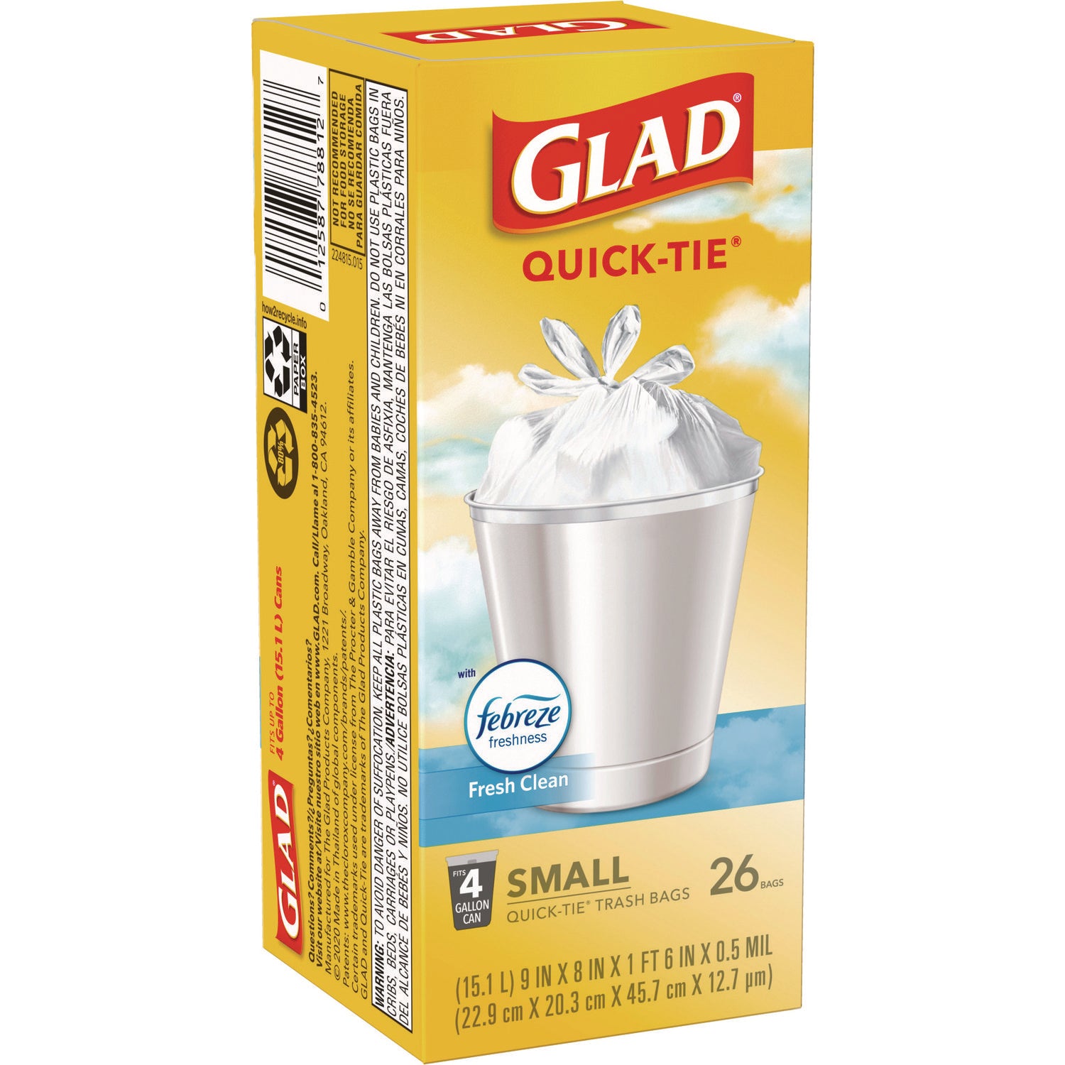 Glad® OdorShield Quick-Tie Small Trash Bags, Tie-Flap, 4 gal, Fresh Clean Scent, 8" x 18", White, 26 Bags/Box, 6 Boxes/Carton