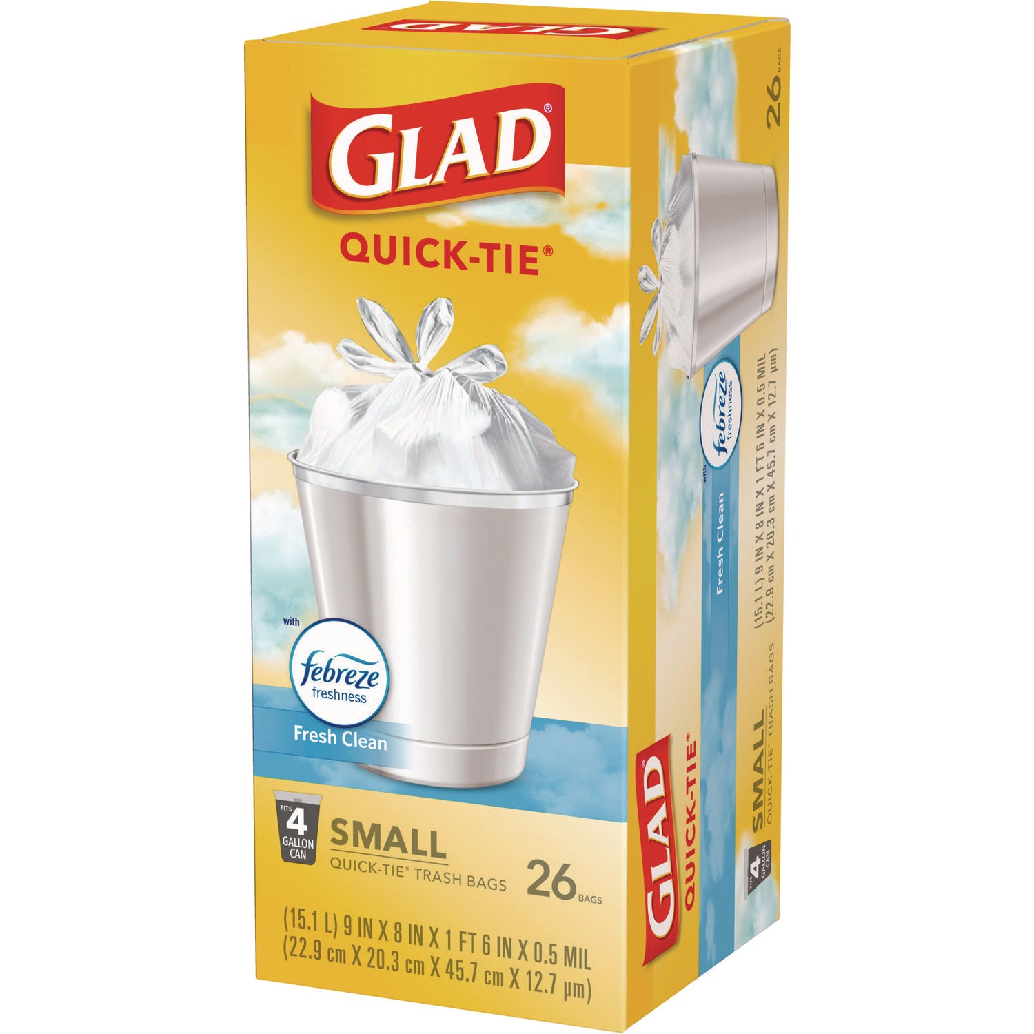 Glad® OdorShield Quick-Tie Small Trash Bags, Tie-Flap, 4 gal, Fresh Clean Scent, 8" x 18", White, 26 Bags/Box, 6 Boxes/Carton