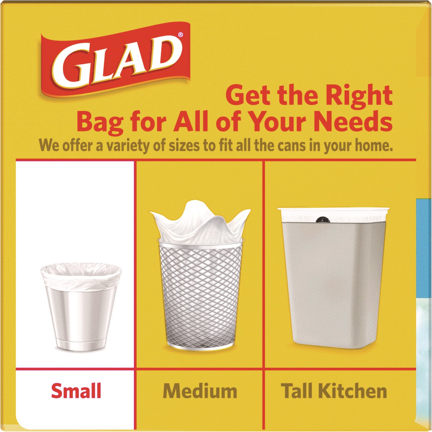 Glad® OdorShield Quick-Tie Small Trash Bags, Tie-Flap, 4 gal, Fresh Clean Scent, 8" x 18", White, 26 Bags/Box, 6 Boxes/Carton