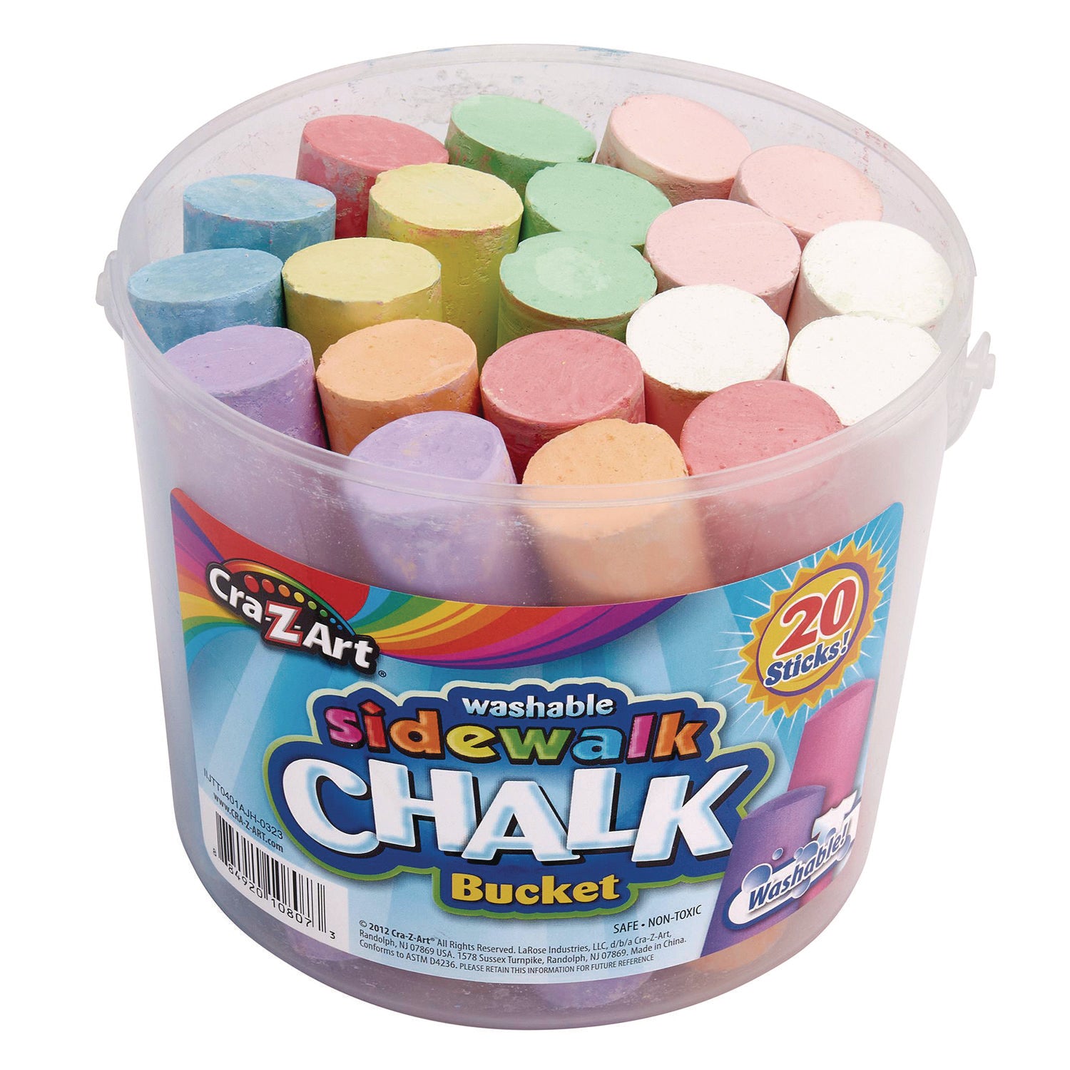 Cra-Z-Art® Washable Sidewalk Jumbo Chalk in Storage Bucket with Lid and Handle, 12.63", 20 Assorted Colors