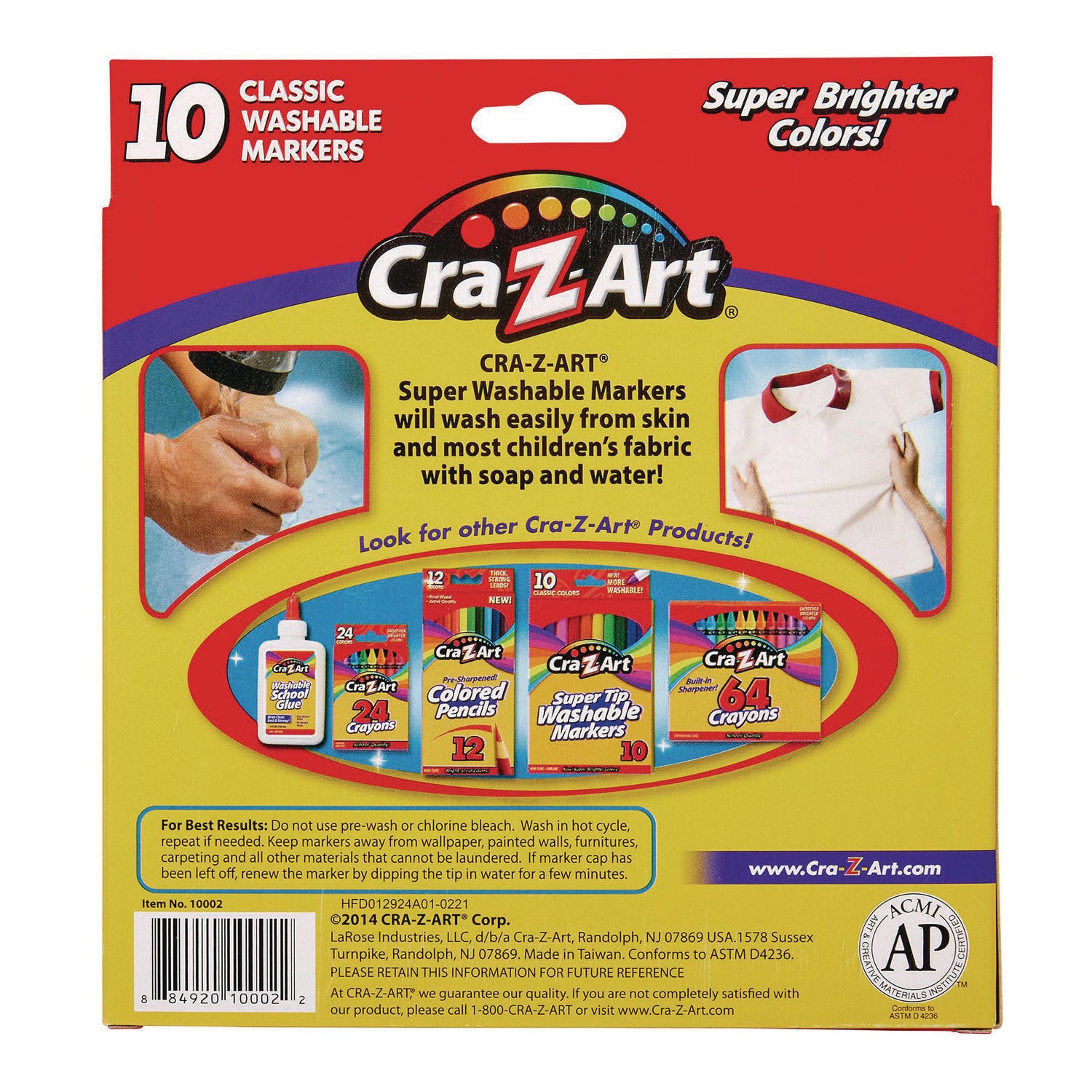 Cra-Z-Art® Super Washable Markers, Broad Bullet Tip, Assorted Colors, 10/Set