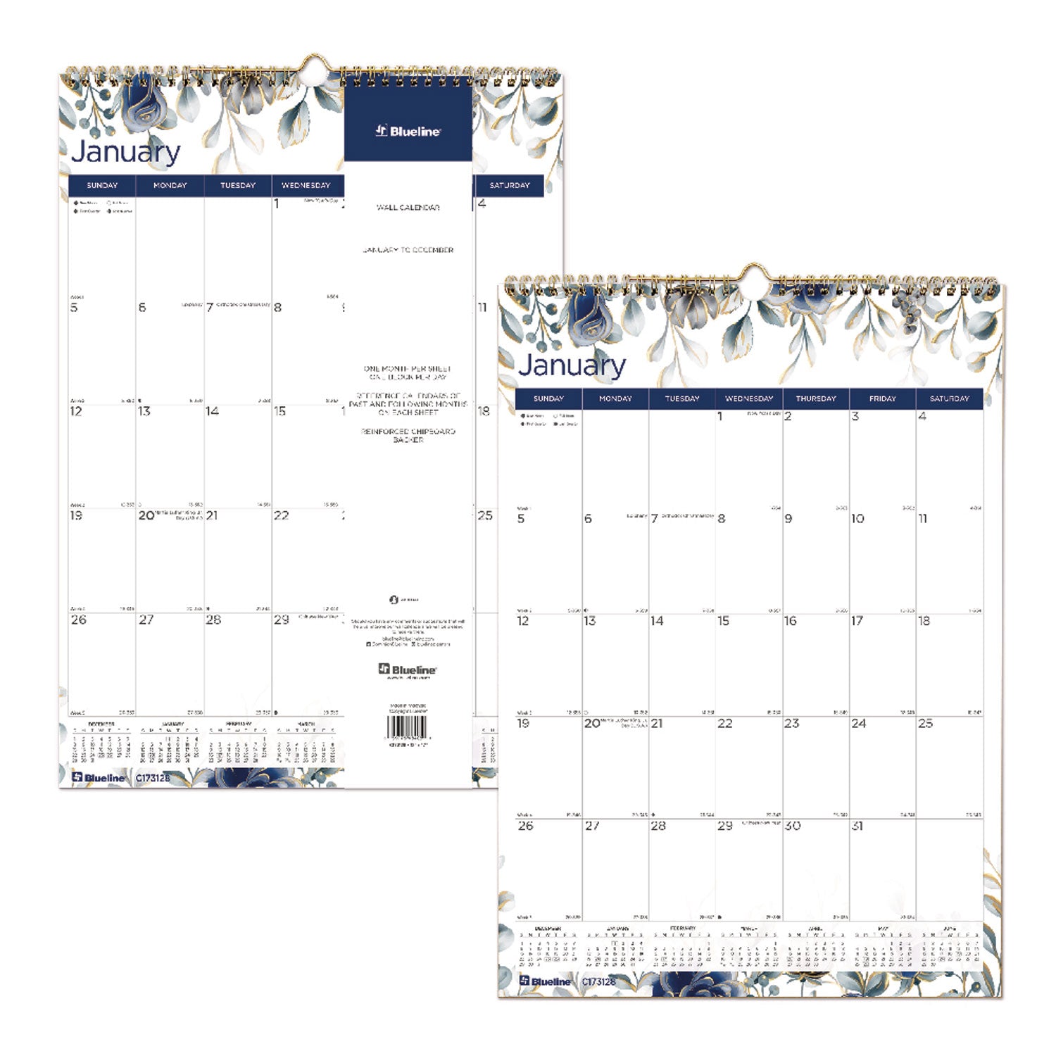 Blueline® 12-Month Colorful Wall Calendar, Floral Artwork, 12 x 17, White Sheets, 12-Month (Jan to Dec): 2025