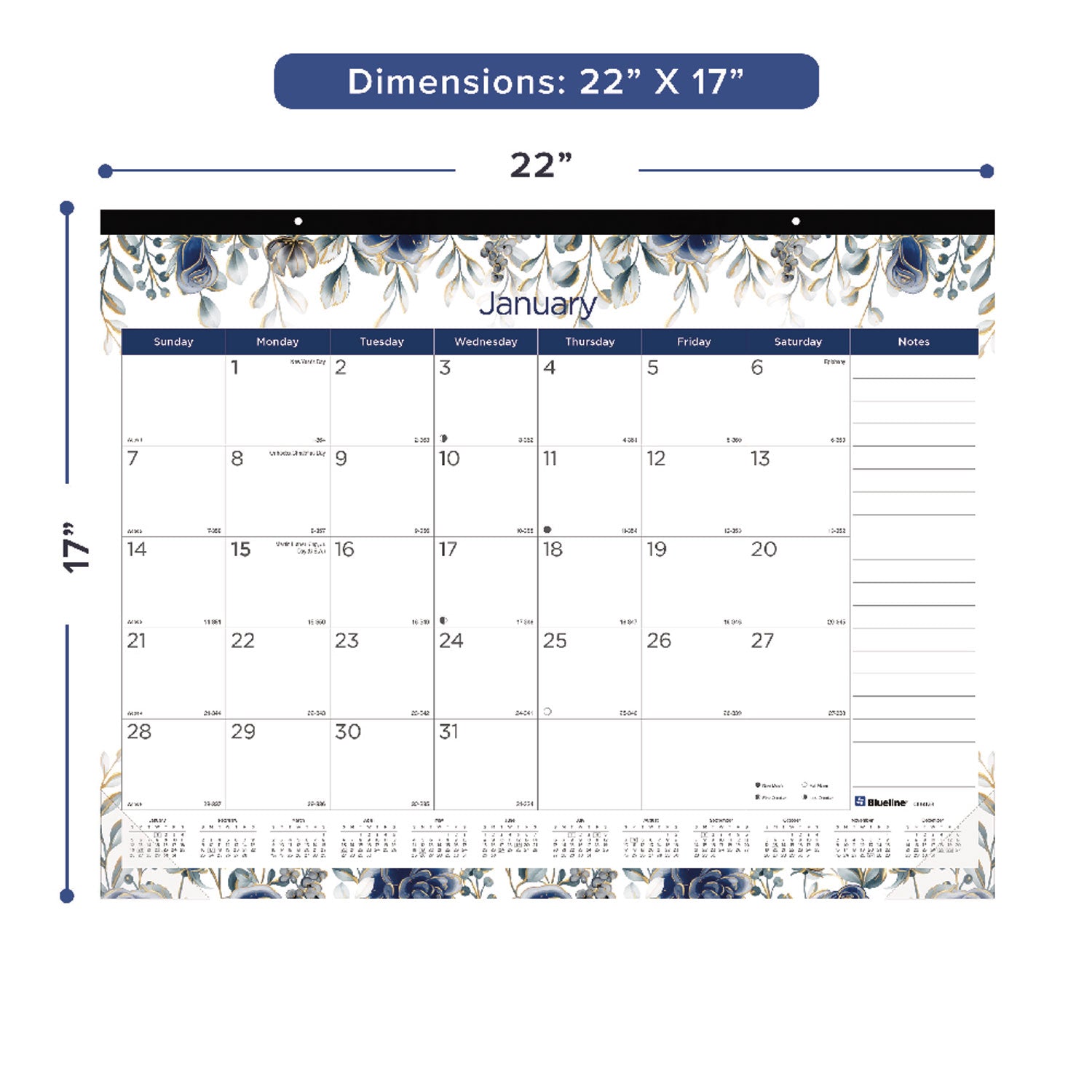 Blueline® Monthly Desk Pad Calendar, Floral Artwork, 22 x 17, Black Binding, Clear Corners, 12-Month (Jan-Dec): 2025