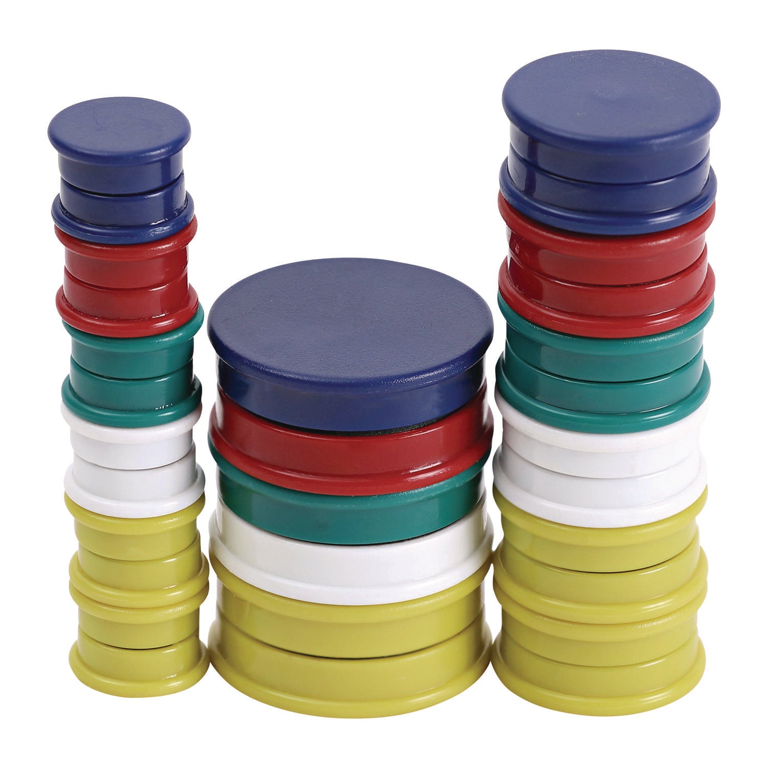 High-Intensity Assorted Magnets, Circles, Assorted Colors, 0.75", 1.25" and 1.5" Diameters, 30/Pack