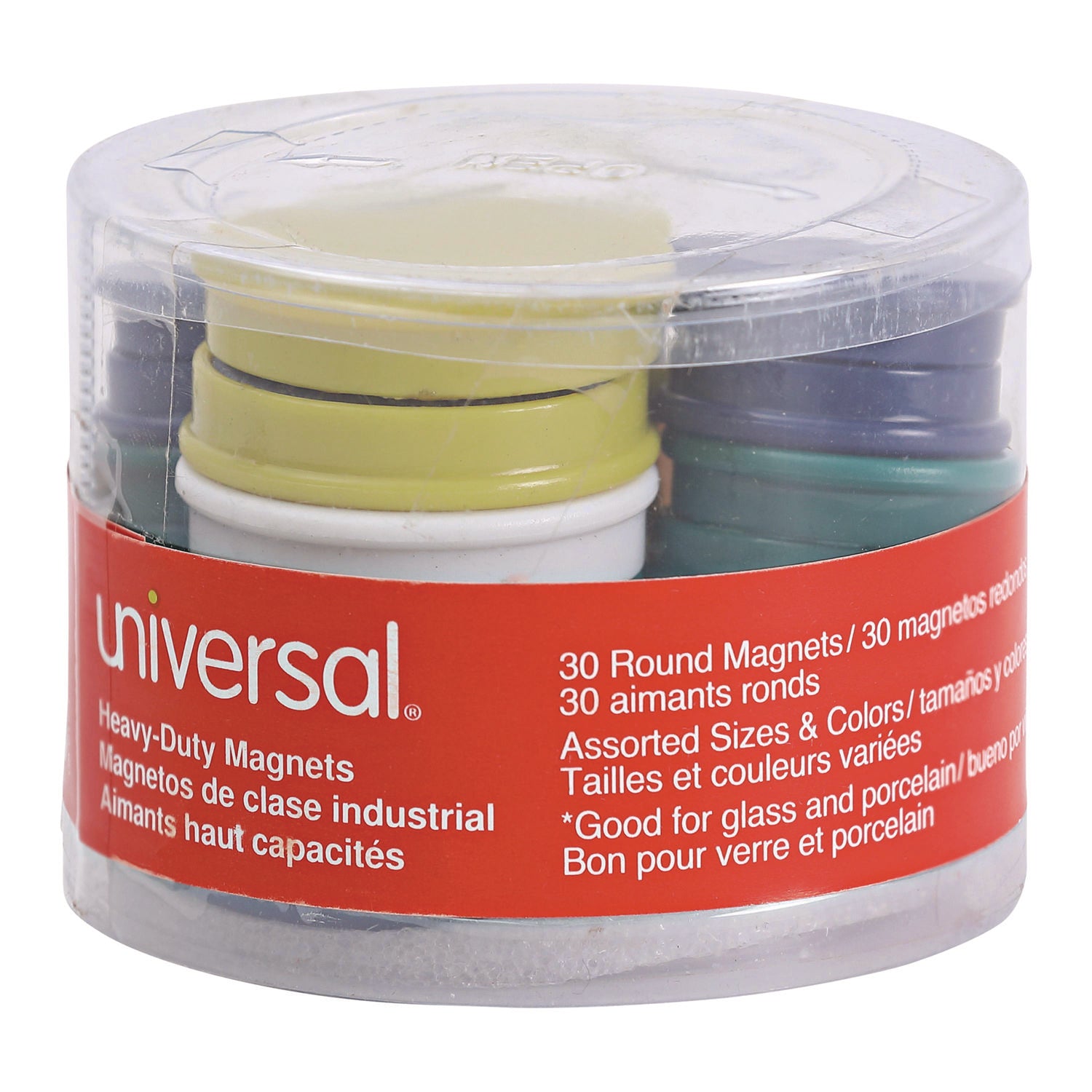 Universal® High-Intensity Assorted Magnets, Circles, Assorted Colors, 0.75", 1.25" and 1.5" Diameters, 30/Pack