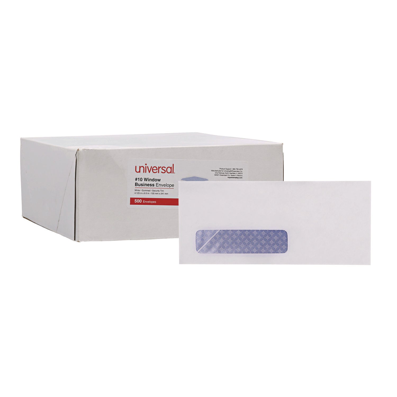 Universal® Open-Side Security Tint Business Envelope, 1 Window, #10, Commercial Flap, Gummed Closure, 4.13 x 9.5, White, 500/Box