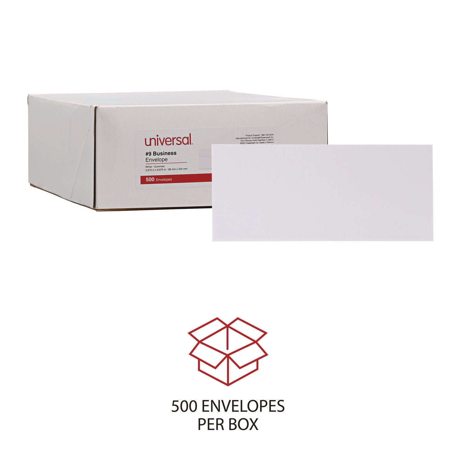 Universal® Open-Side Business Envelope, #9, Square Flap, Gummed Closure, 3.88 x 8.88, White, 500/Box