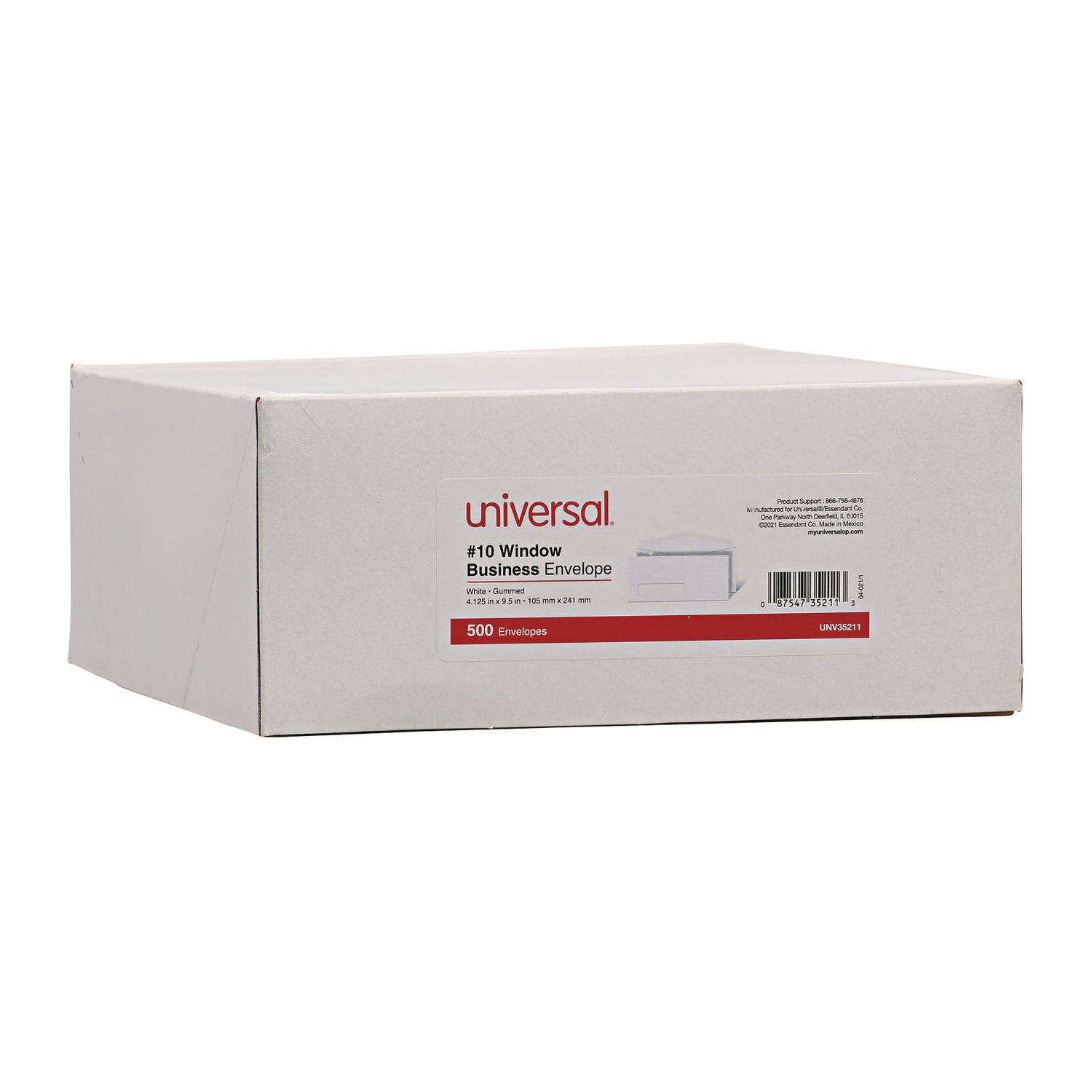 Universal® Open-Side Business Envelope, 1 Window, #10, Commercial Flap, Gummed Closure, 4.13 x 9.5, White, 500/Box