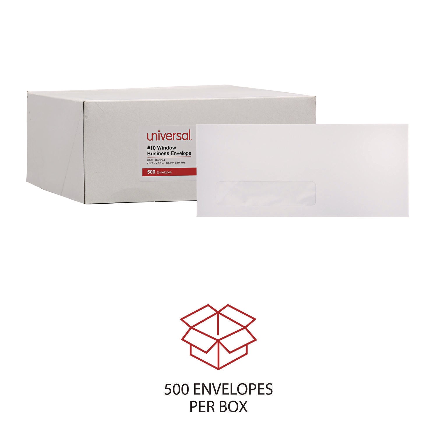 Universal® Open-Side Business Envelope, 1 Window, #10, Commercial Flap, Gummed Closure, 4.13 x 9.5, White, 500/Box