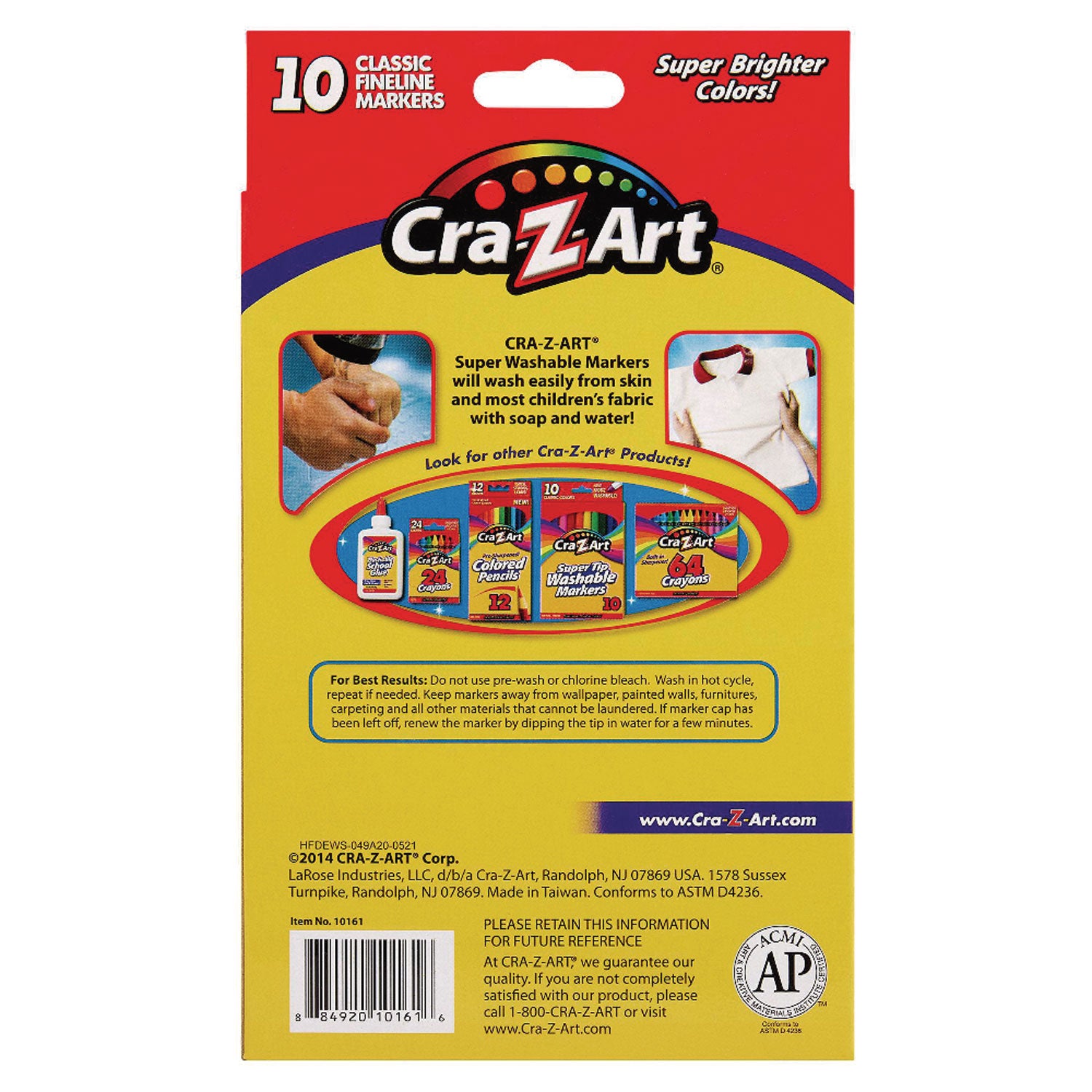 Cra-Z-Art® Super Washable Markers, Fine Bullet Tip, Assorted Colors, 10/Set