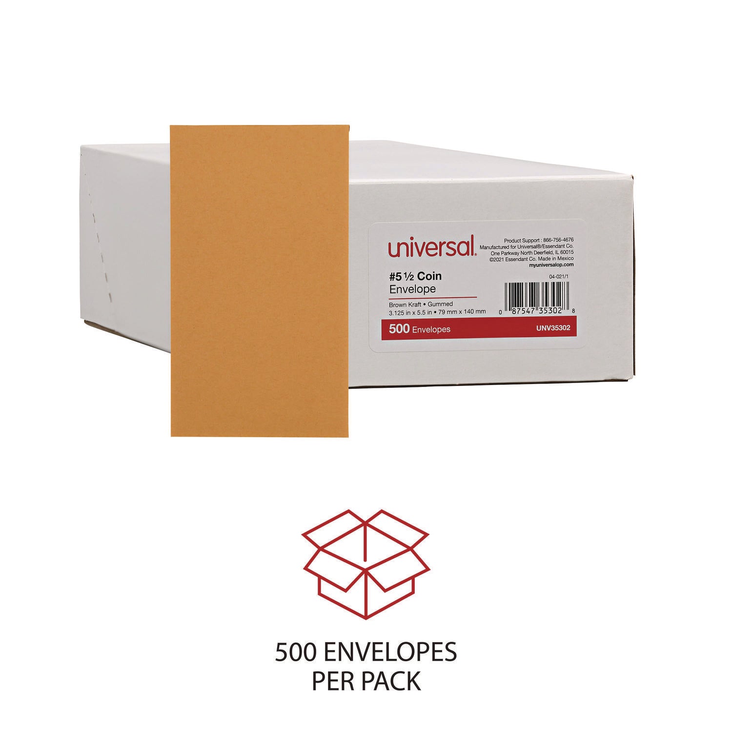 Universal® Kraft Coin Envelope, #5 1/2, Round Flap, Gummed Closure, 3.13 x 5.5, Light Brown Kraft, 500/Box