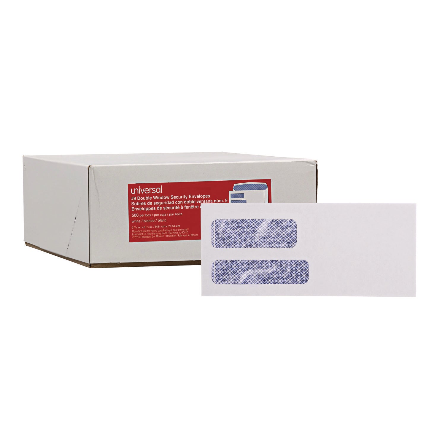 Universal® Double Window Business Envelope, #9, Commercial Flap, Gummed Closure, 3.88 x 8.88, White, 500/Box