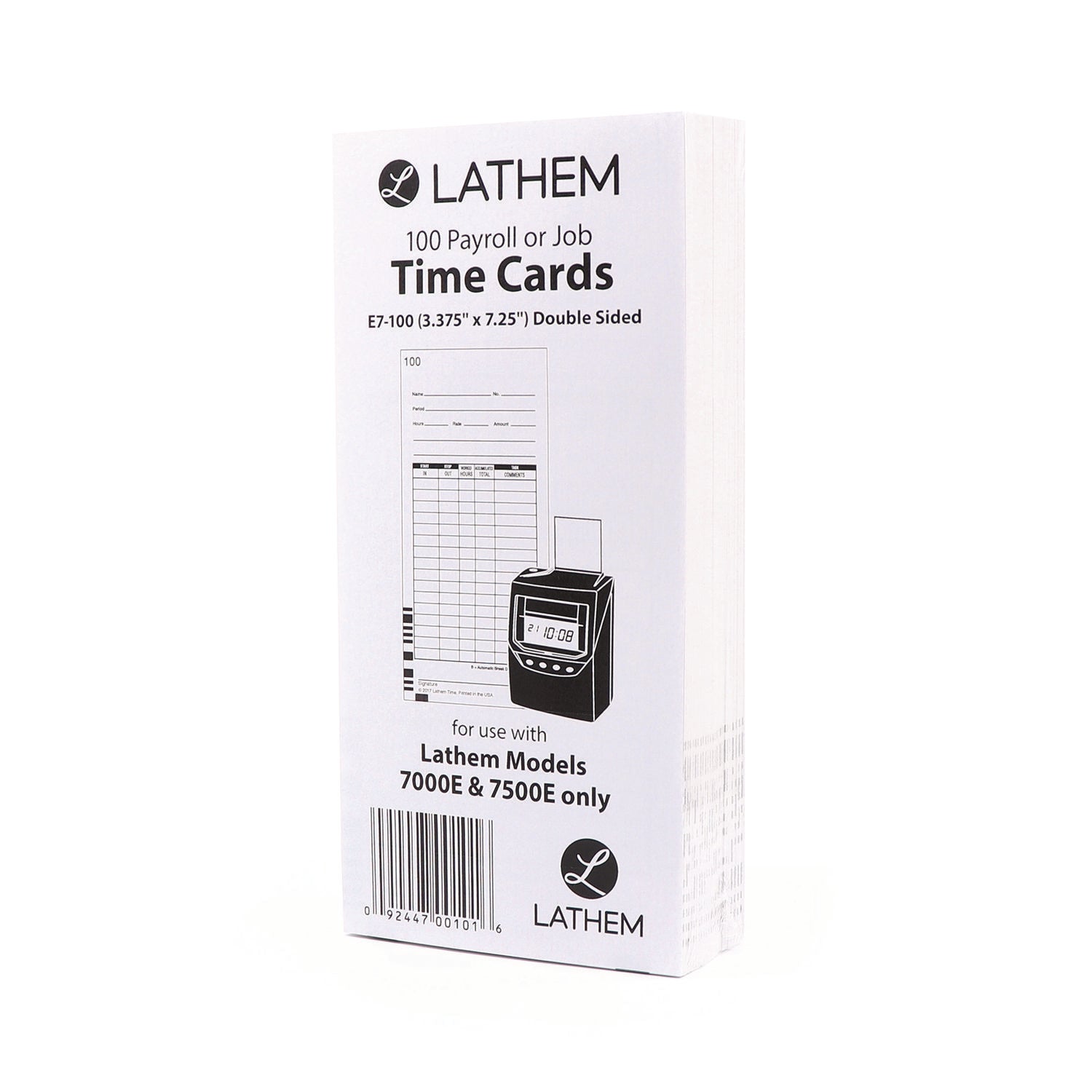 Time Clock Cards for Lathem Time 7000E, Two Sides, 3.5 x 7.25, 100/Pack