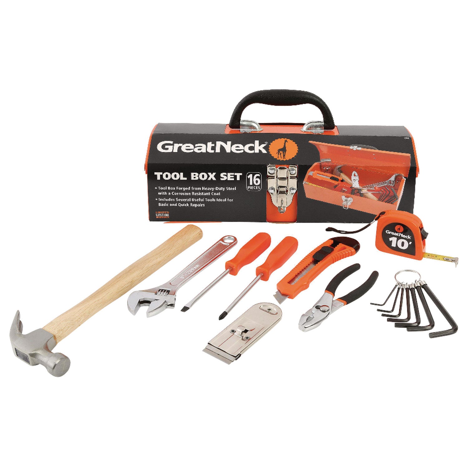 Great Neck® 16-Piece Light-Duty Office Tool Kit, Metal Box, Red