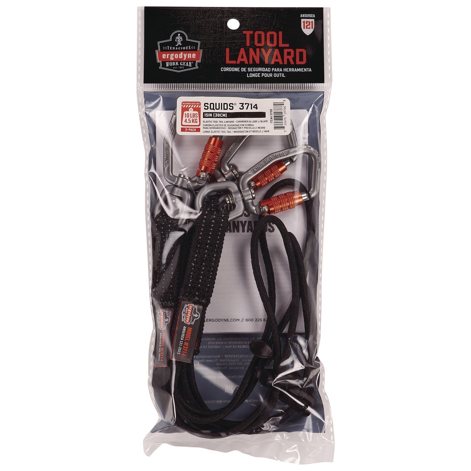 Squids 3714 Elastic Tool Tail Lanyard w/Carabiner and Cinch Loop, 10 lb Max Working Capacity, 15" Long, Black, 3/Pack ergodyne® Flipcost