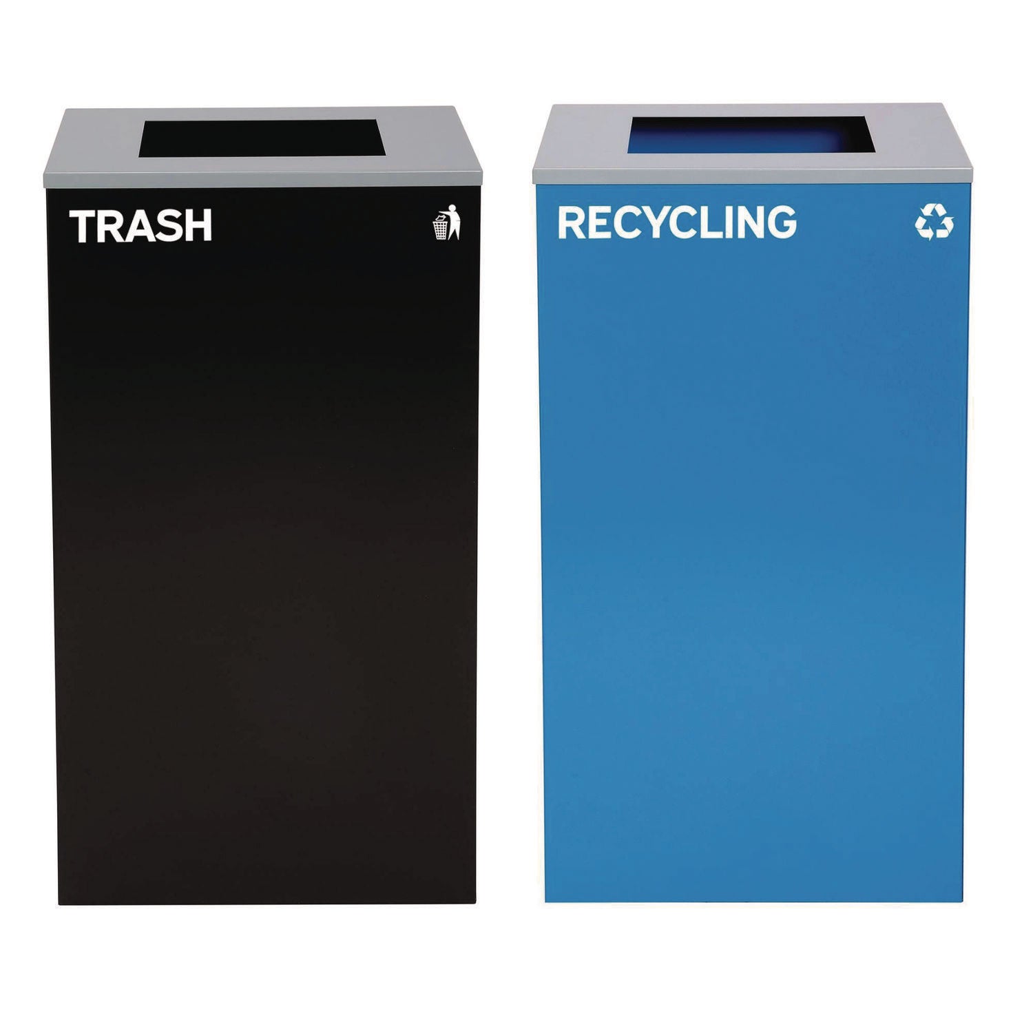 29 Gallon Trash/Recycling Cans, Steel, Blue Recycling Can with Square Lid, Black Trash Can with Square Lid