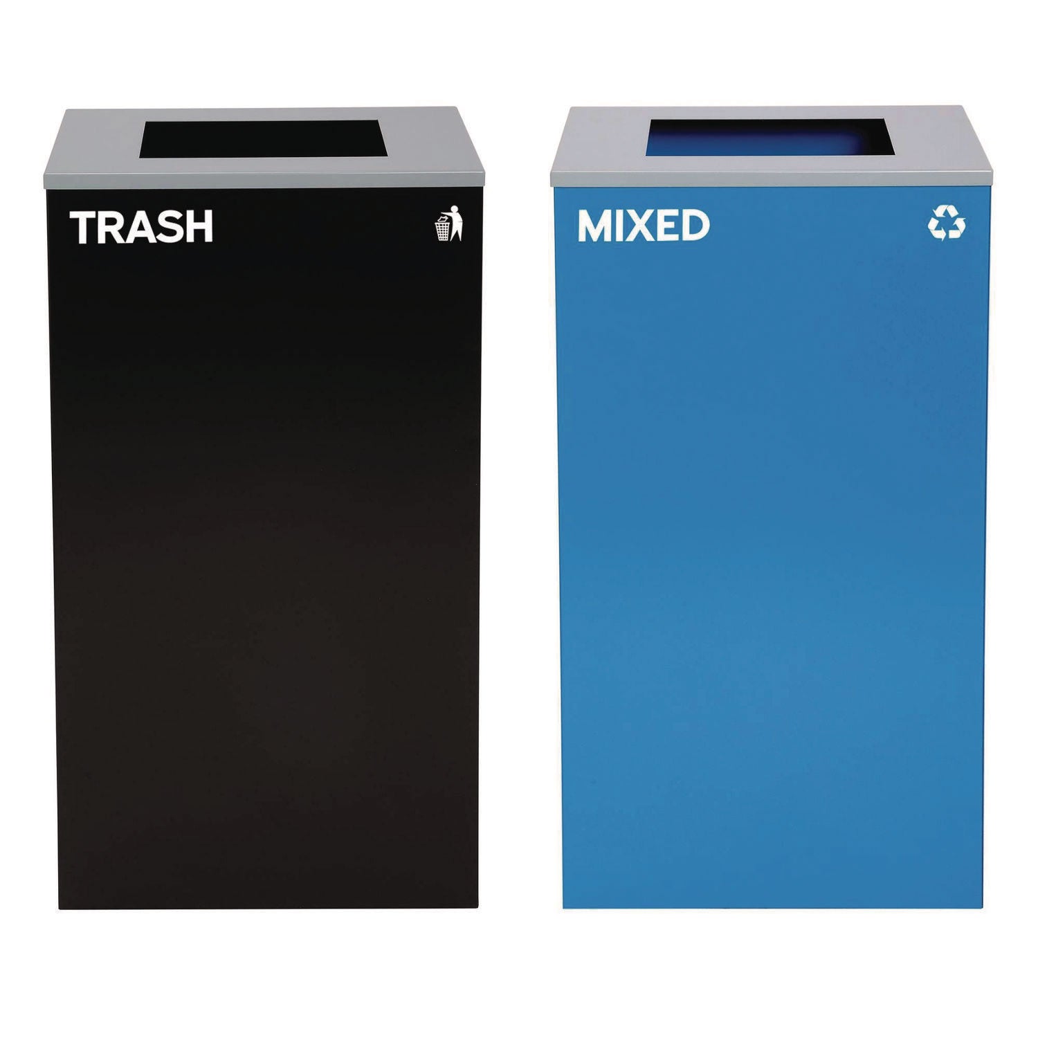 29 Gallon Trash/Recycling Cans, Steel, Blue Mixed Recycling Can with Square Lid, Black Trash Can with Square Lid